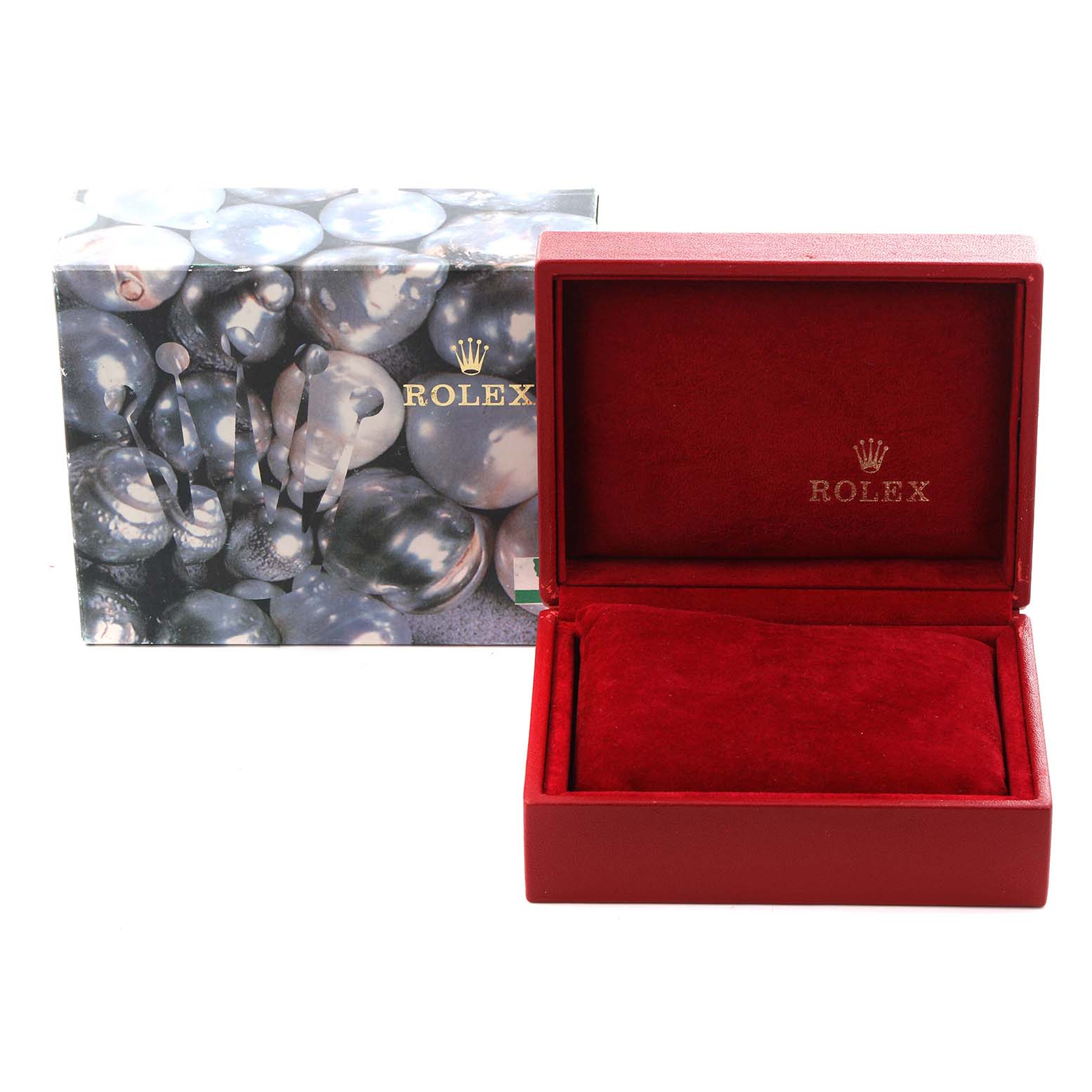 The image shows a red Rolex Datejust 79173 Women's Steel and Gold (two tone) Champagne Dial 79173 Women's Steel and Gold (two tone) Champagne Dial watch box and an outer packaging with abstract designs from a frontal angle.