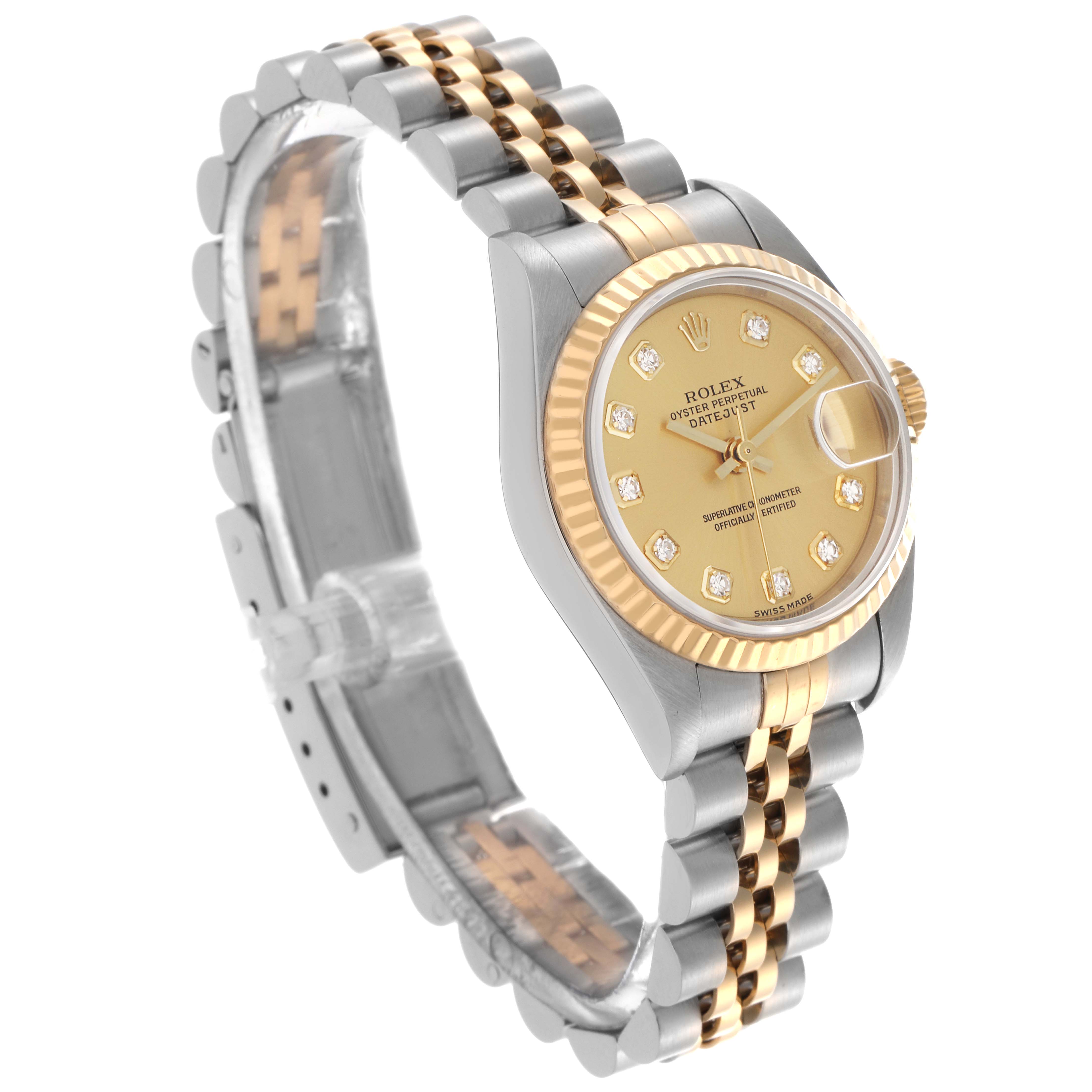 The Rolex Datejust 79173 Women's Steel and Gold (two tone) Champagne Dial 79173 Women's Steel and Gold (two tone) Champagne Dial watch is shown at a three-quarter angle, highlighting the dial, bezel, bracelet, and clasp.