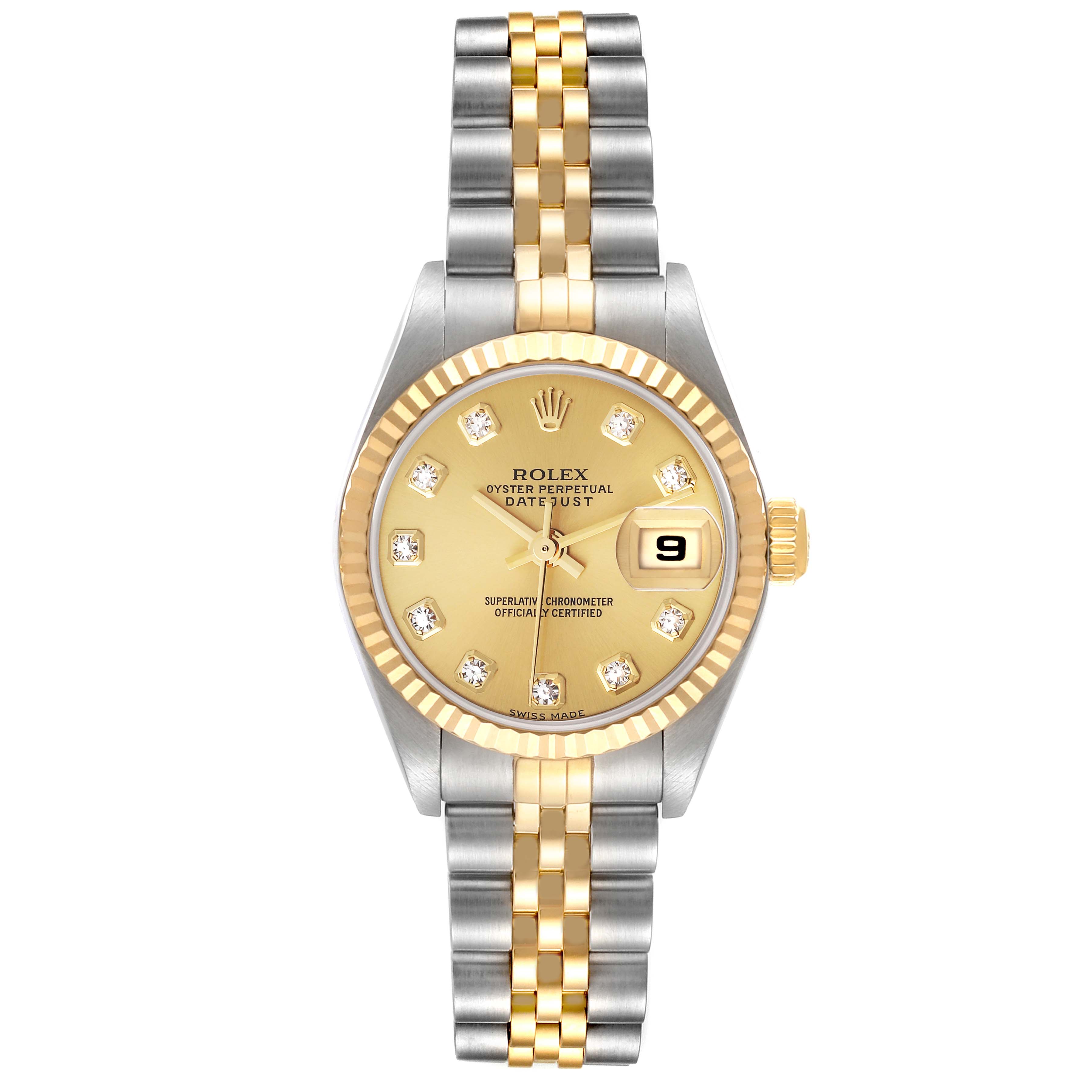 The Rolex Datejust 79173 Women's Steel and Gold (two tone) Champagne Dial 79173 Women's Steel and Gold (two tone) Champagne Dial watch is shown from a top-down angle, highlighting its gold and silver bracelet and diamond-studded dial.