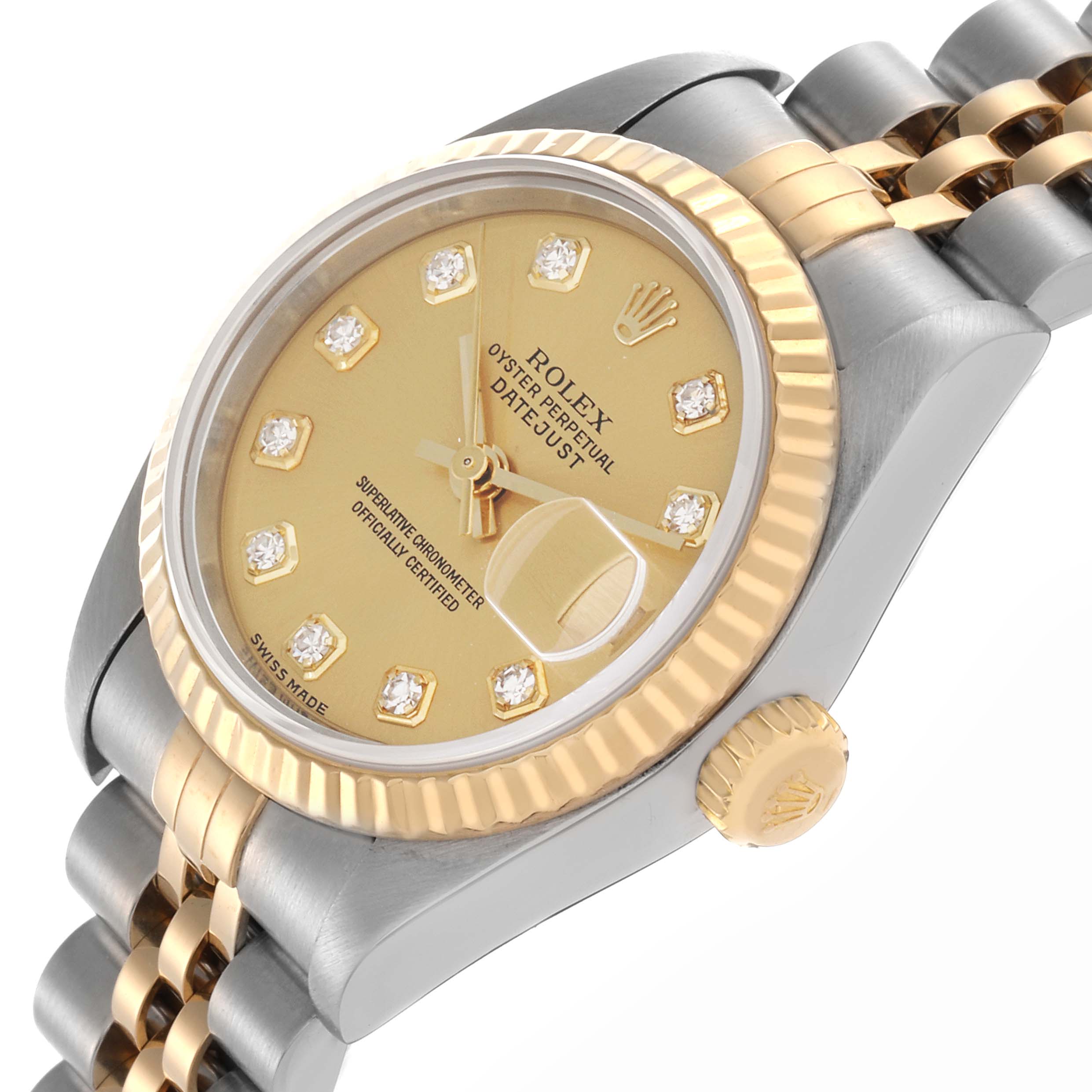 The Rolex Datejust 79173 Women's Steel and Gold (two tone) Champagne Dial 79173 Women's Steel and Gold (two tone) Champagne Dial watch is shown at a slight angle, displaying its gold bezel, dial, crown, and part of its two-tone bracelet.