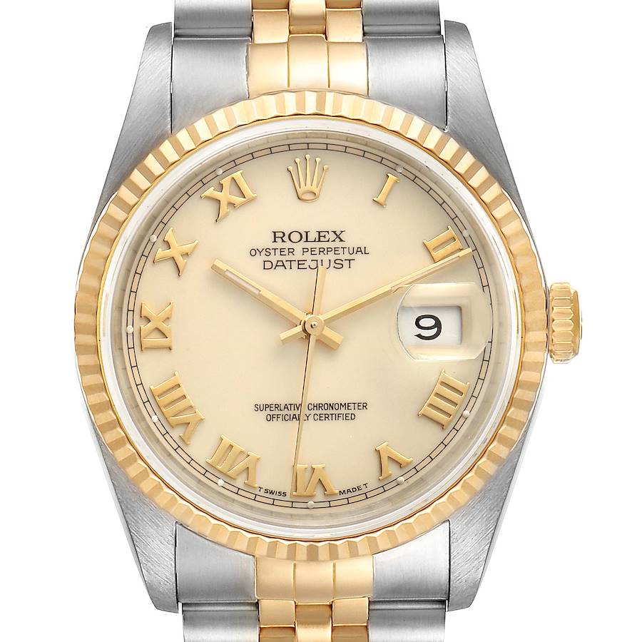 Rolex Datejust Steel Yellow Gold Ivory Roman Dial Mens Watch 16233 SwissWatchExpo