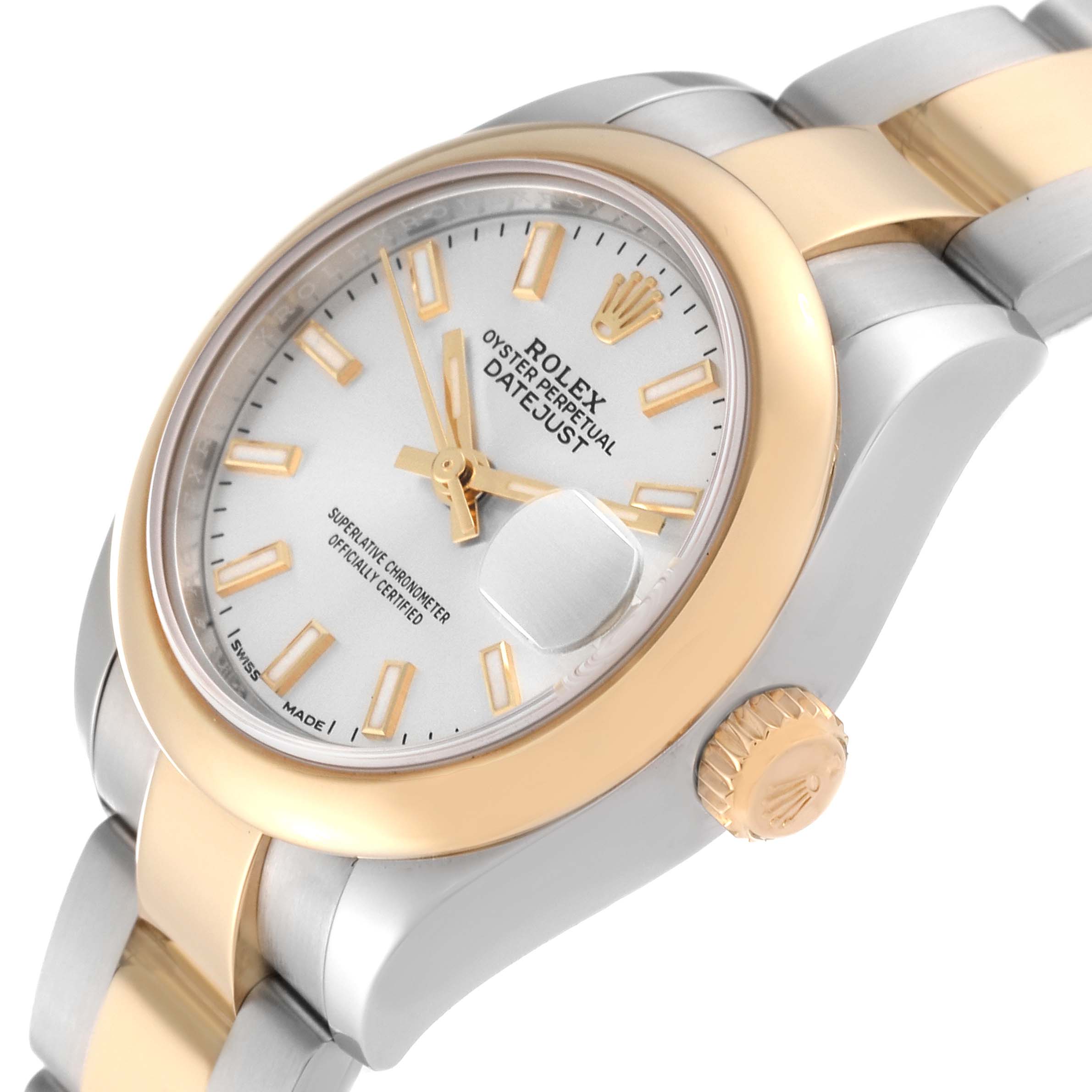 This image of the Rolex Datejust 279163 Women's Steel and Gold (two tone) Silver Dial 279163 Women's Steel and Gold (two tone) Silver Dial watch shows a close-up angle highlighting its dial, bezel, and crown.