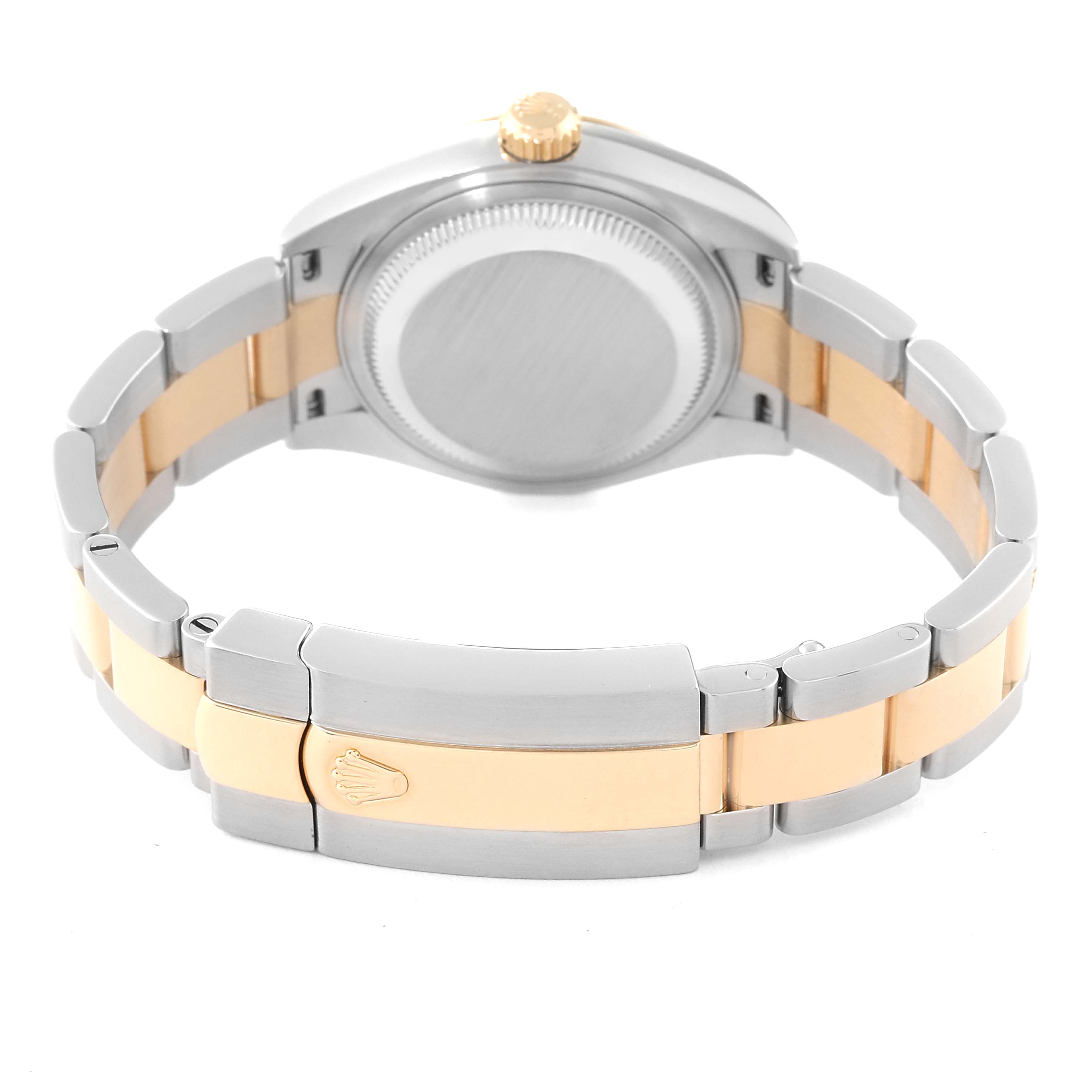 The image shows the back view of a Rolex Datejust 279163 Women's Steel and Gold (two tone) Silver Dial 279163 Women's Steel and Gold (two tone) Silver Dial watch, highlighting the bracelet, clasp, case back, and crown.