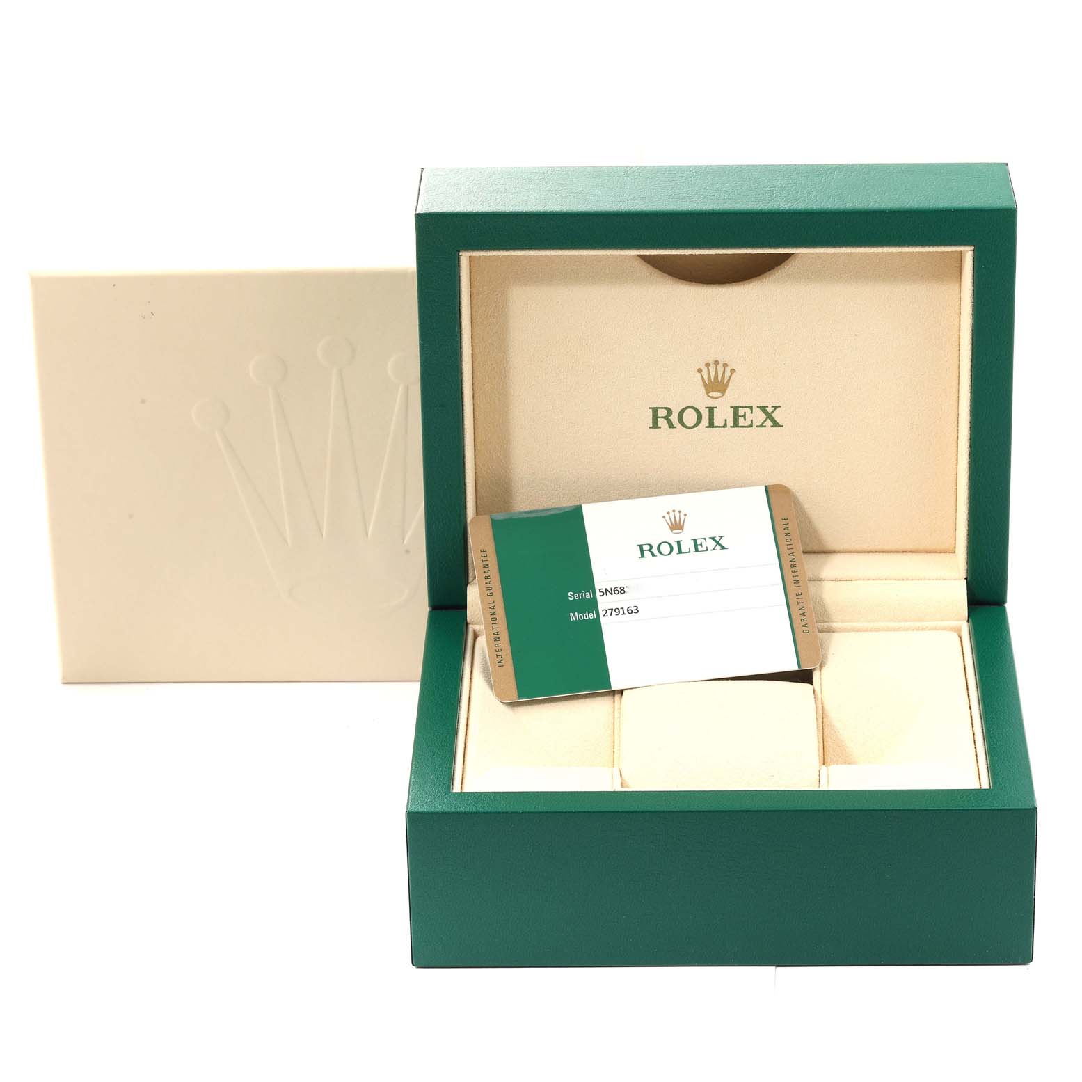 This image shows the watch box and authenticity card for a Rolex Datejust 279163 Women's Steel and Gold (two tone) Silver Dial 279163 Women's Steel and Gold (two tone) Silver Dial model.