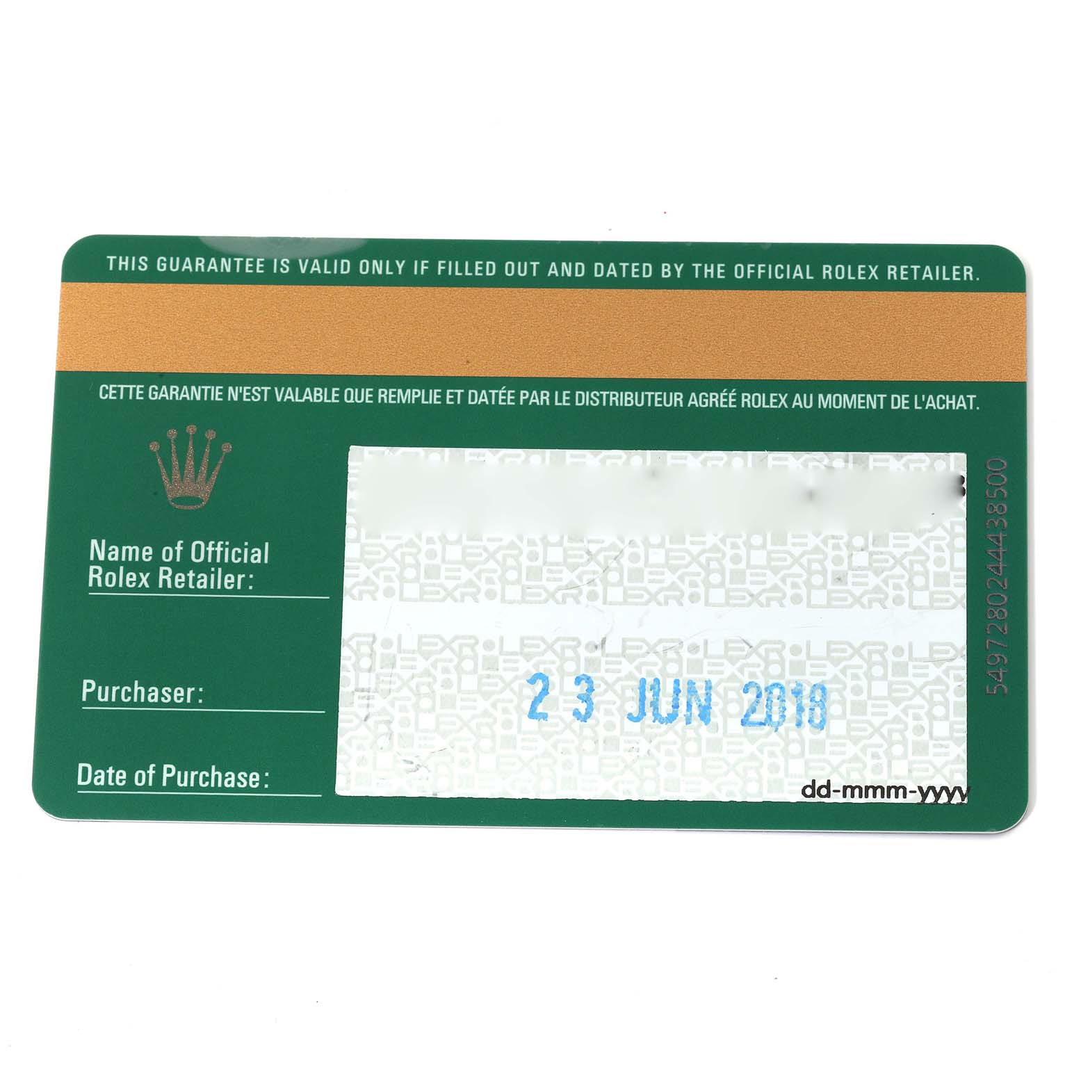 This image shows a warranty card for the Rolex Datejust 279163 Women's Steel and Gold (two tone) Silver Dial 279163 Women's Steel and Gold (two tone) Silver Dial model, with fields for retailer, purchaser, and purchase date.