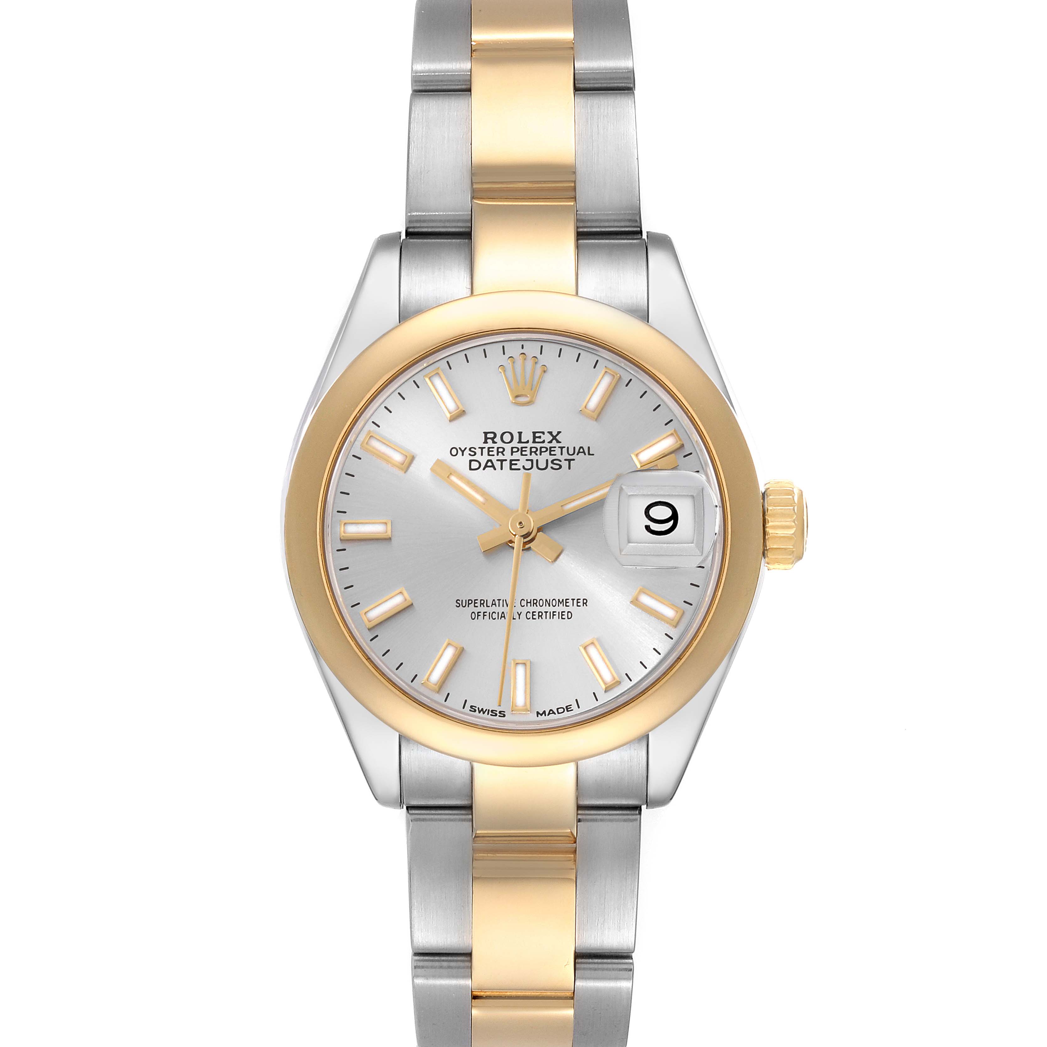This image shows a front view of the Rolex Datejust 279163 Women's Steel and Gold (two tone) Silver Dial 279163 Women's Steel and Gold (two tone) Silver Dial watch, highlighting the dial, bezel, bracelet, and crown.