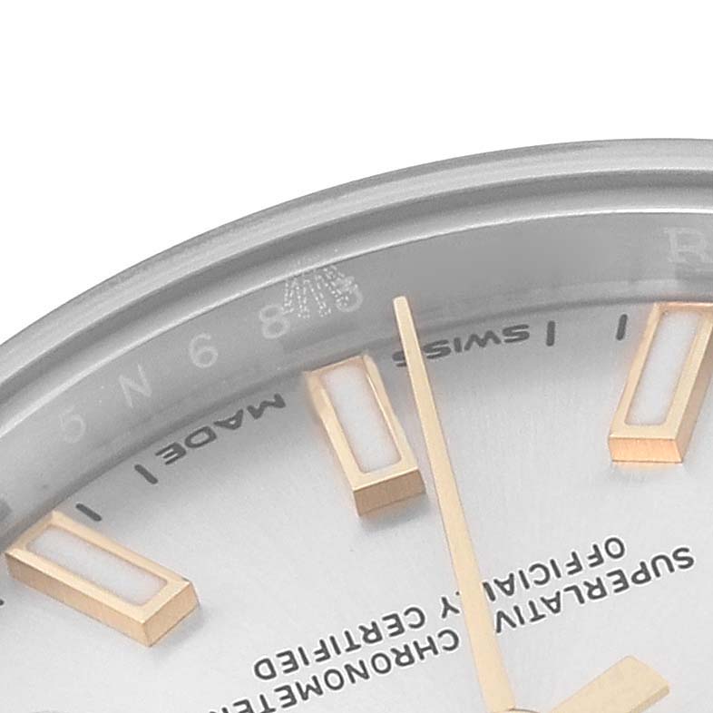 This image shows a close-up of the dial, hands, and indices of a Rolex Datejust 279163 Women's Steel and Gold (two tone) Silver Dial 279163 Women's Steel and Gold (two tone) Silver Dial watch.