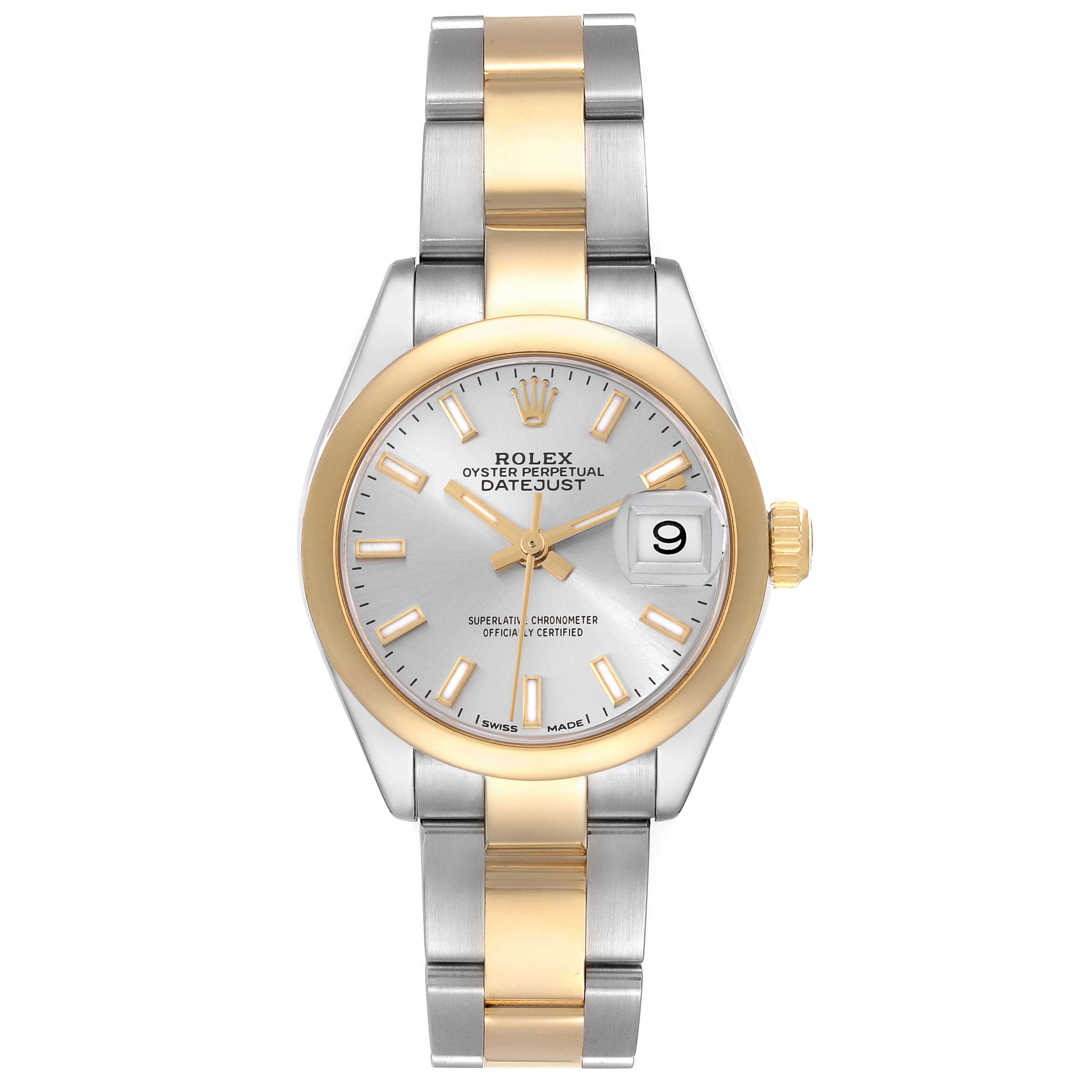 The Rolex Datejust 279163 Women's Steel and Gold (two tone) Silver Dial 279163 Women's Steel and Gold (two tone) Silver Dial watch is shown from a front angle, highlighting its dial, bezel, and dual-tone bracelet.