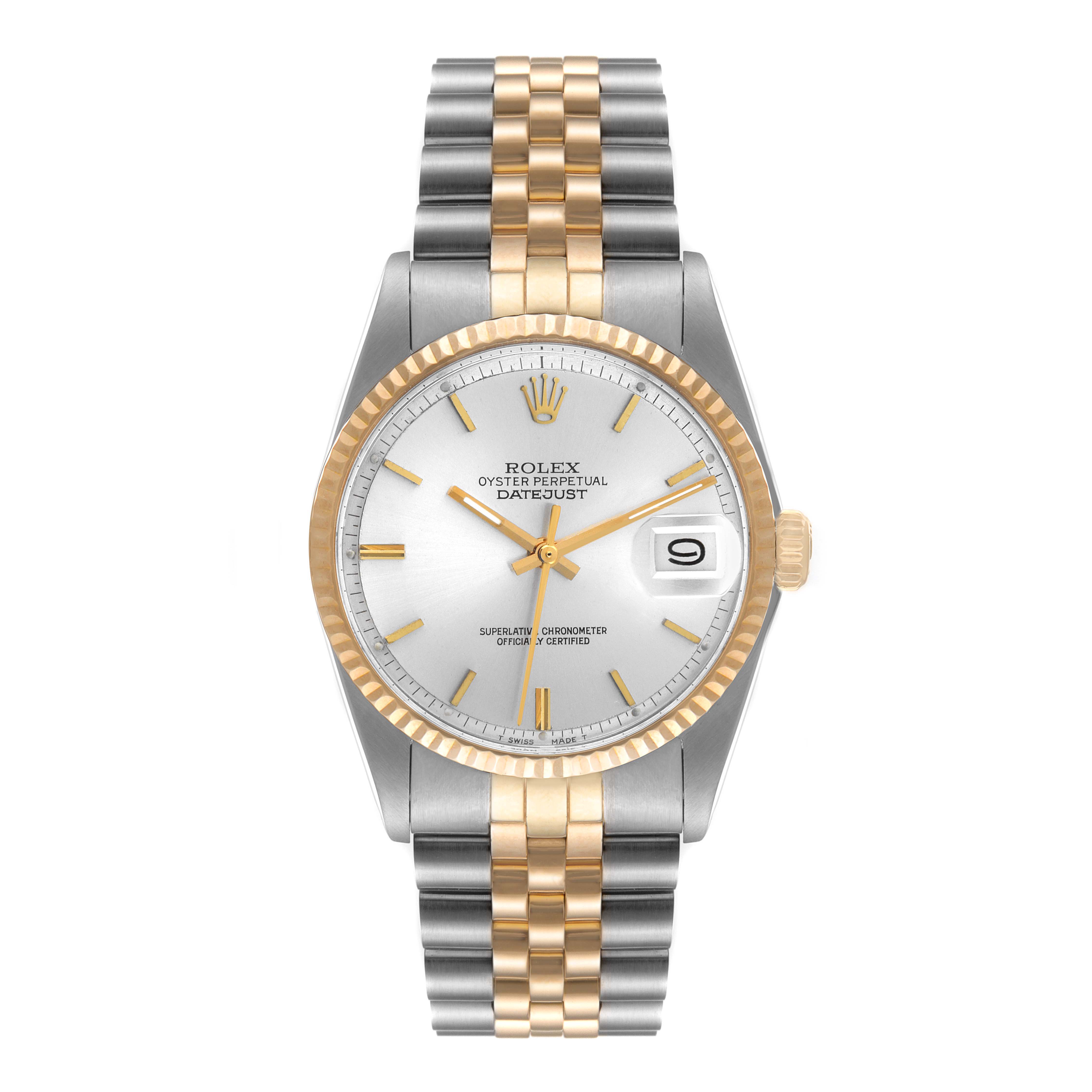 The image shows a front view of the Rolex Vintage Collection 1601 Men's Steel and Gold (two tone) Silver Dial 1601 Men's Steel and Gold (two tone) Silver Dial model watch, featuring a two-tone band and date display at 3 o'clock.