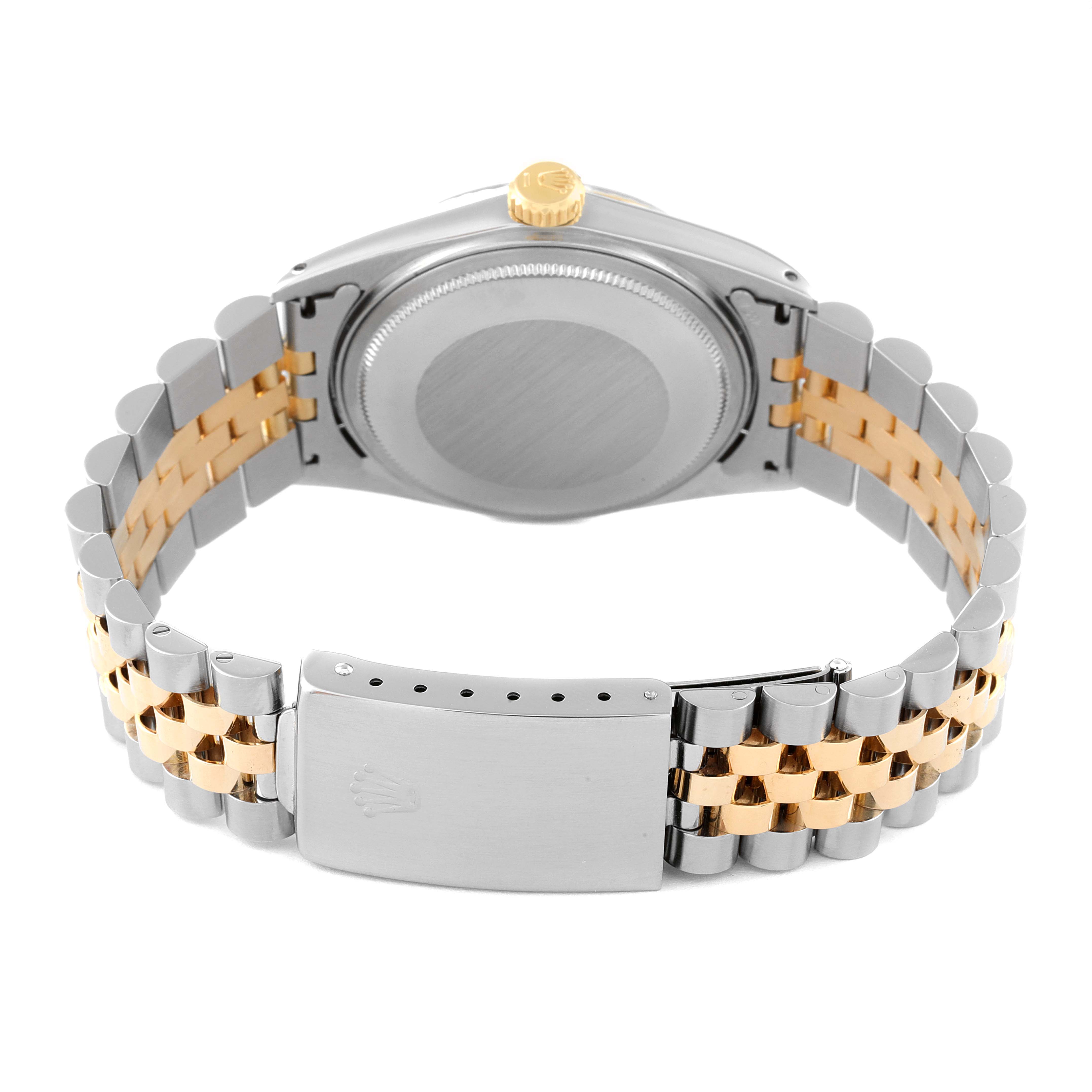 The image shows the back view of a Rolex Vintage Collection 1601 Men's Steel and Gold (two tone) Silver Dial 1601 Men's Steel and Gold (two tone) Silver Dial model, displaying the case back, crown, and two-tone bracelet.