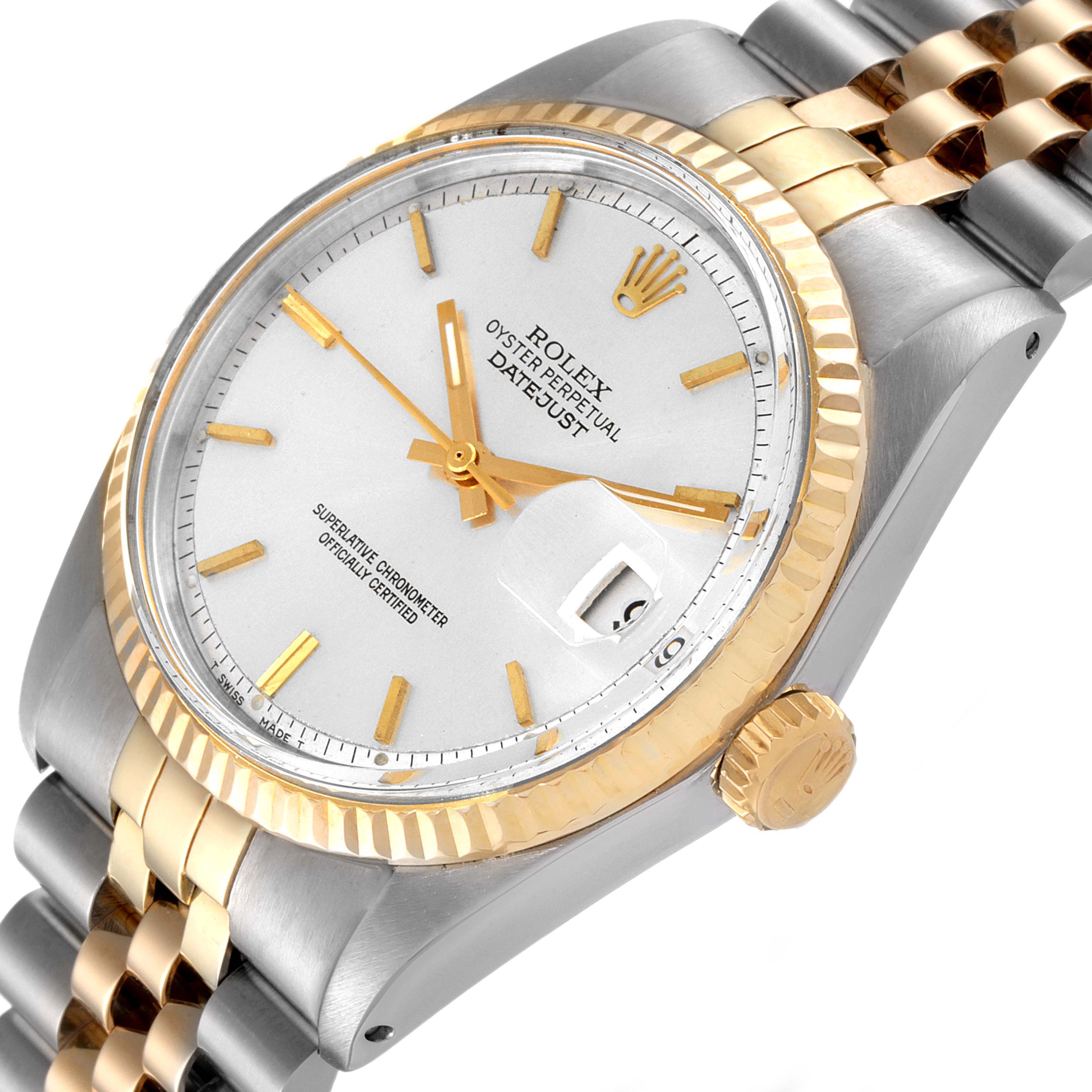 This is a close-up image of the Rolex Vintage Collection 1601 Men's Steel and Gold (two tone) Silver Dial 1601 Men's Steel and Gold (two tone) Silver Dial Datejust watch, showing the face, bezel, crown, and part of the bracelet.