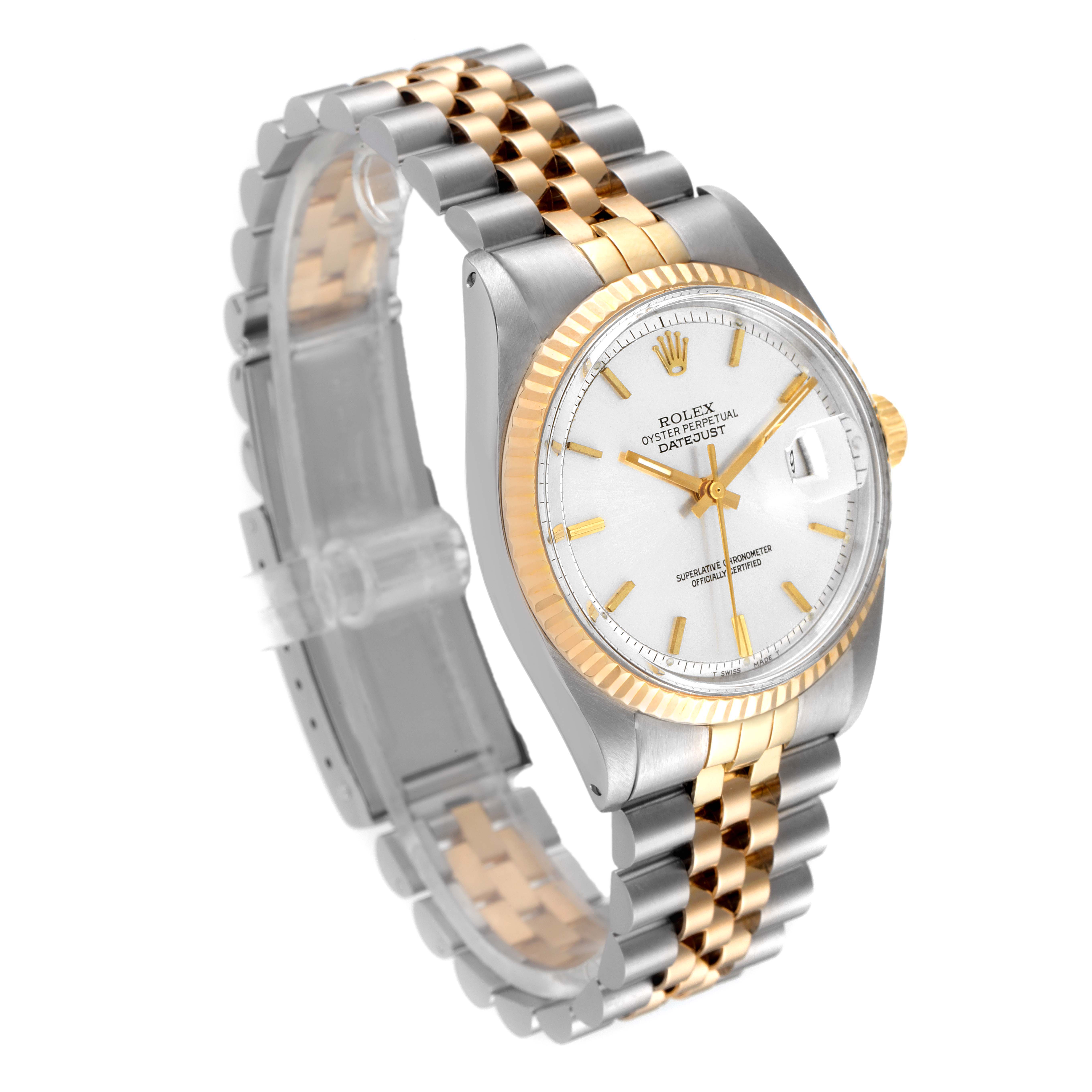 The image shows a Rolex Vintage Collection 1601 Men's Steel and Gold (two tone) Silver Dial 1601 Men's Steel and Gold (two tone) Silver Dial Datejust watch at a three-quarter angle, highlighting its two-tone bracelet, face, and fluted bezel.