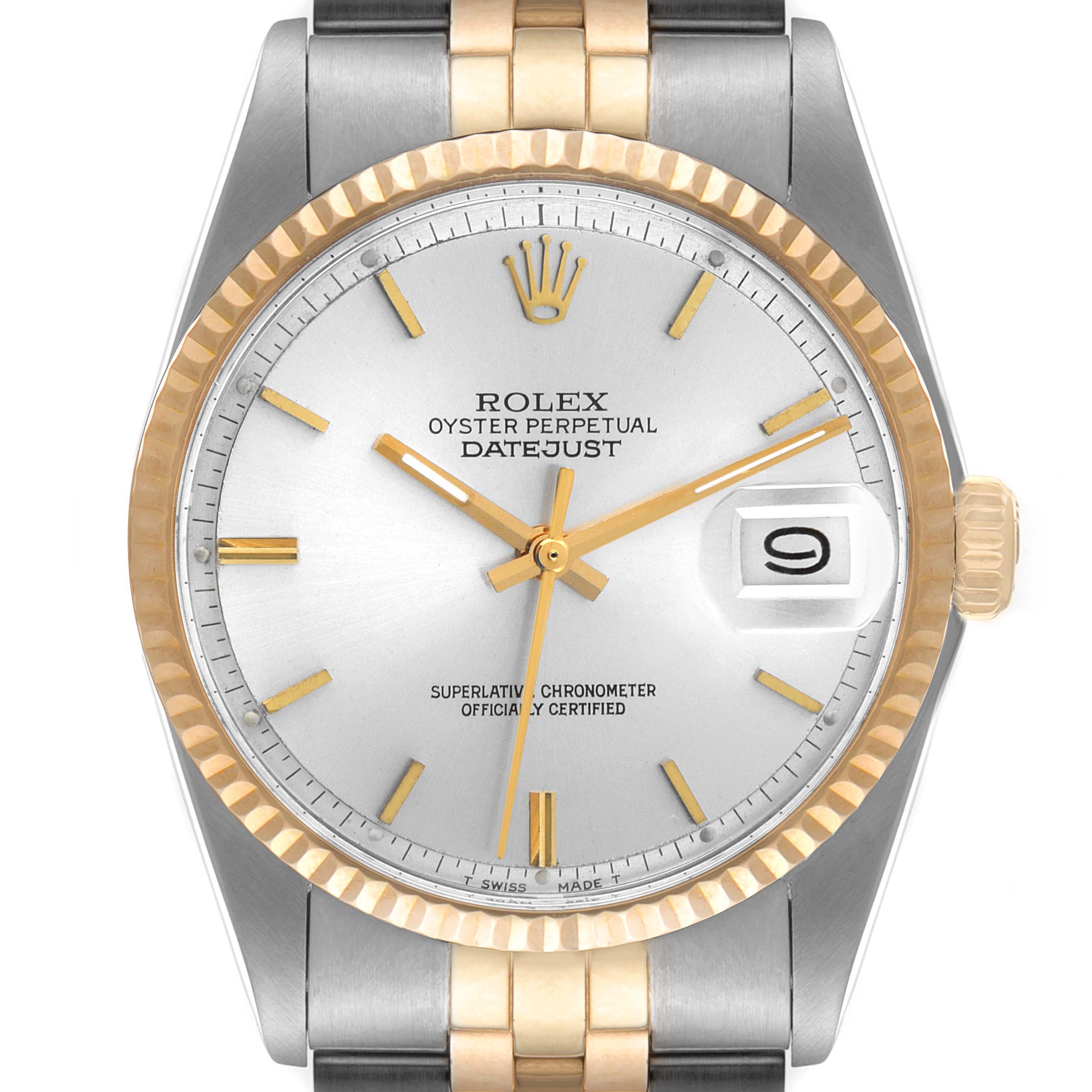 The image shows a front-view angle of the Rolex Vintage Collection 1601 Men's Steel and Gold (two tone) Silver Dial 1601 Men's Steel and Gold (two tone) Silver Dial Datejust watch, highlighting the dial, bezel, and part of the bracelet.