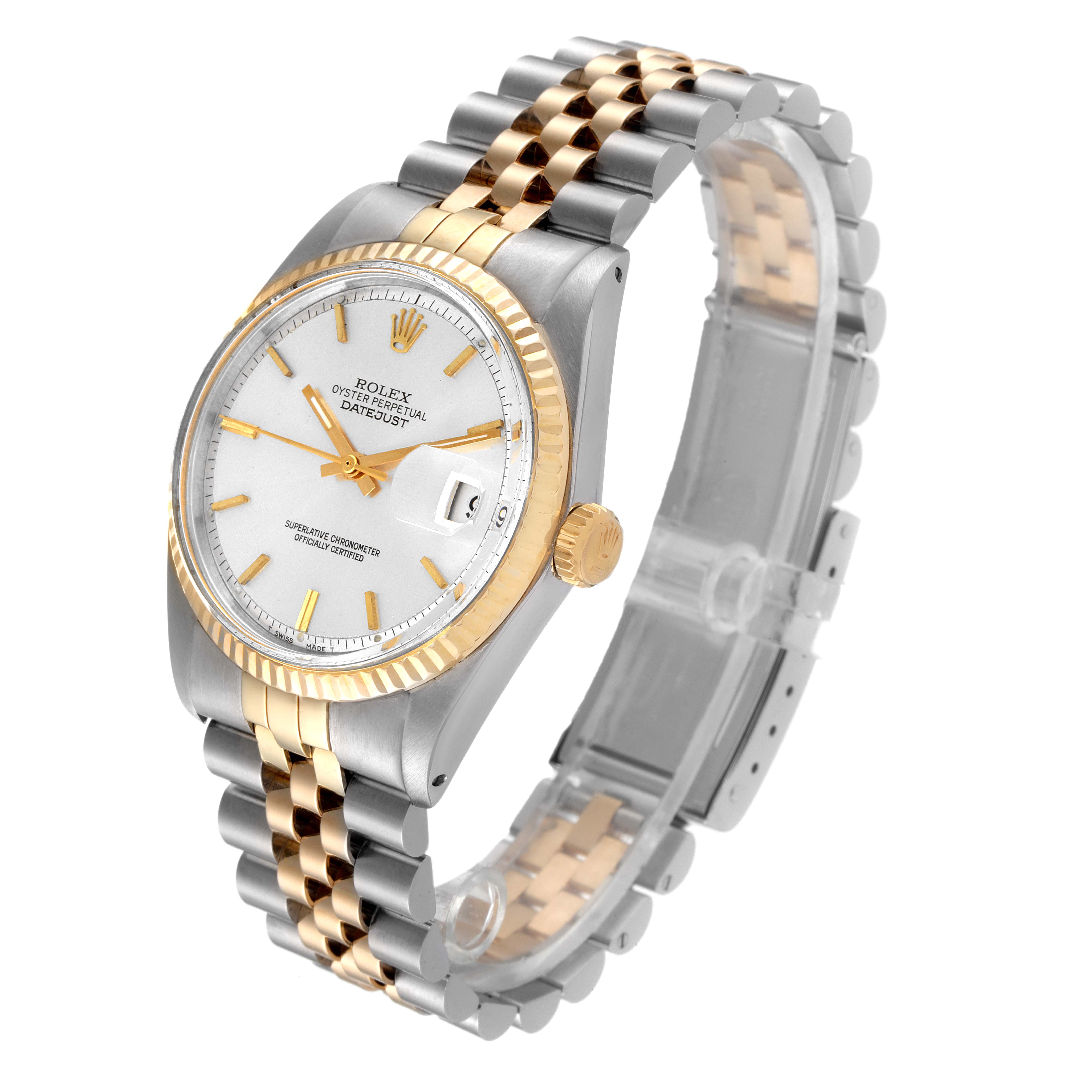 The image shows the dial, crown, bezel, and two-tone bracelet of the Rolex Vintage Collection 1601 Men's Steel and Gold (two tone) Silver Dial 1601 Men's Steel and Gold (two tone) Silver Dial model from an angled side view.