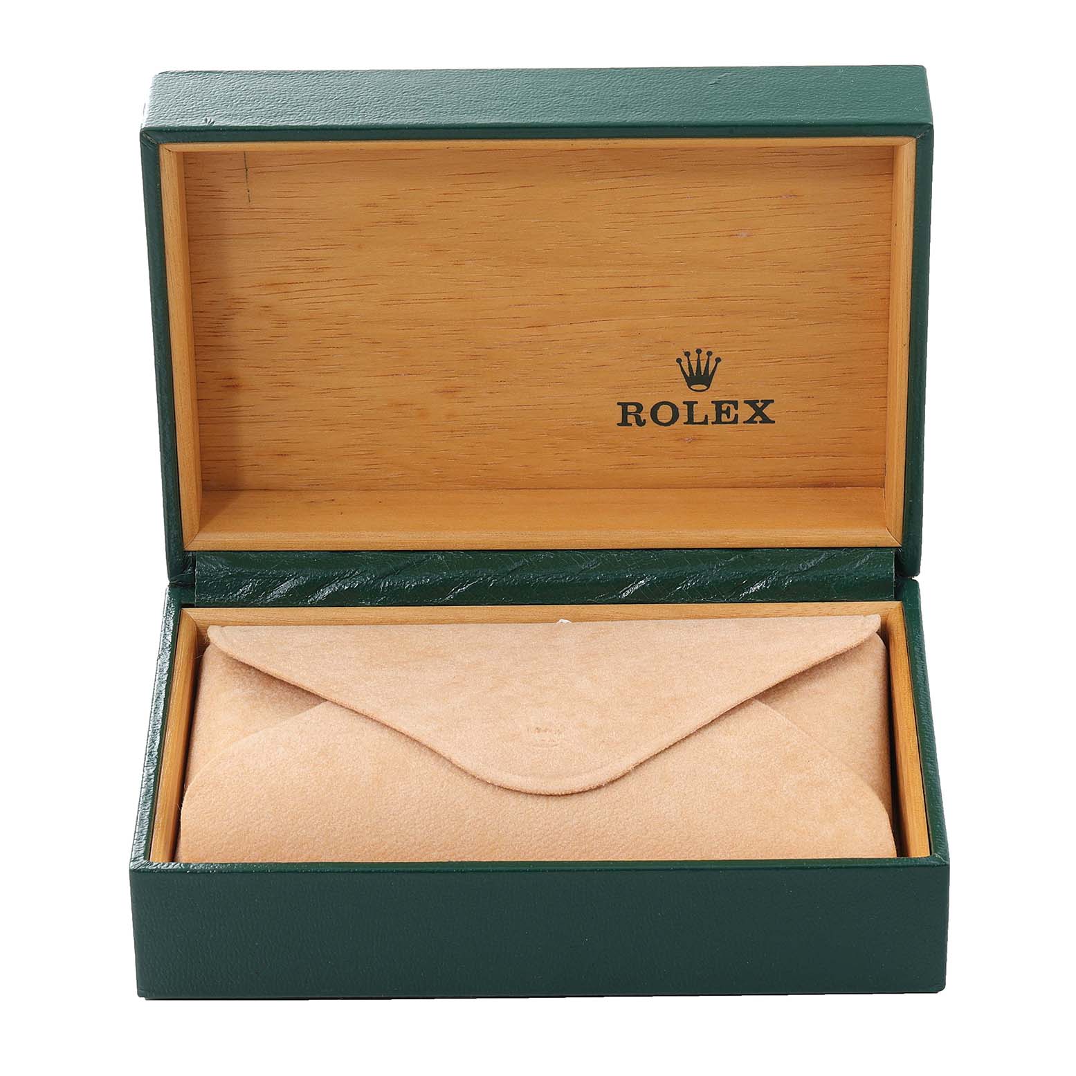 The image shows an open Rolex Vintage Collection 1601 Men's Steel and Gold (two tone) Silver Dial 1601 Men's Steel and Gold (two tone) Silver Dial watch case with a green exterior and beige interior.