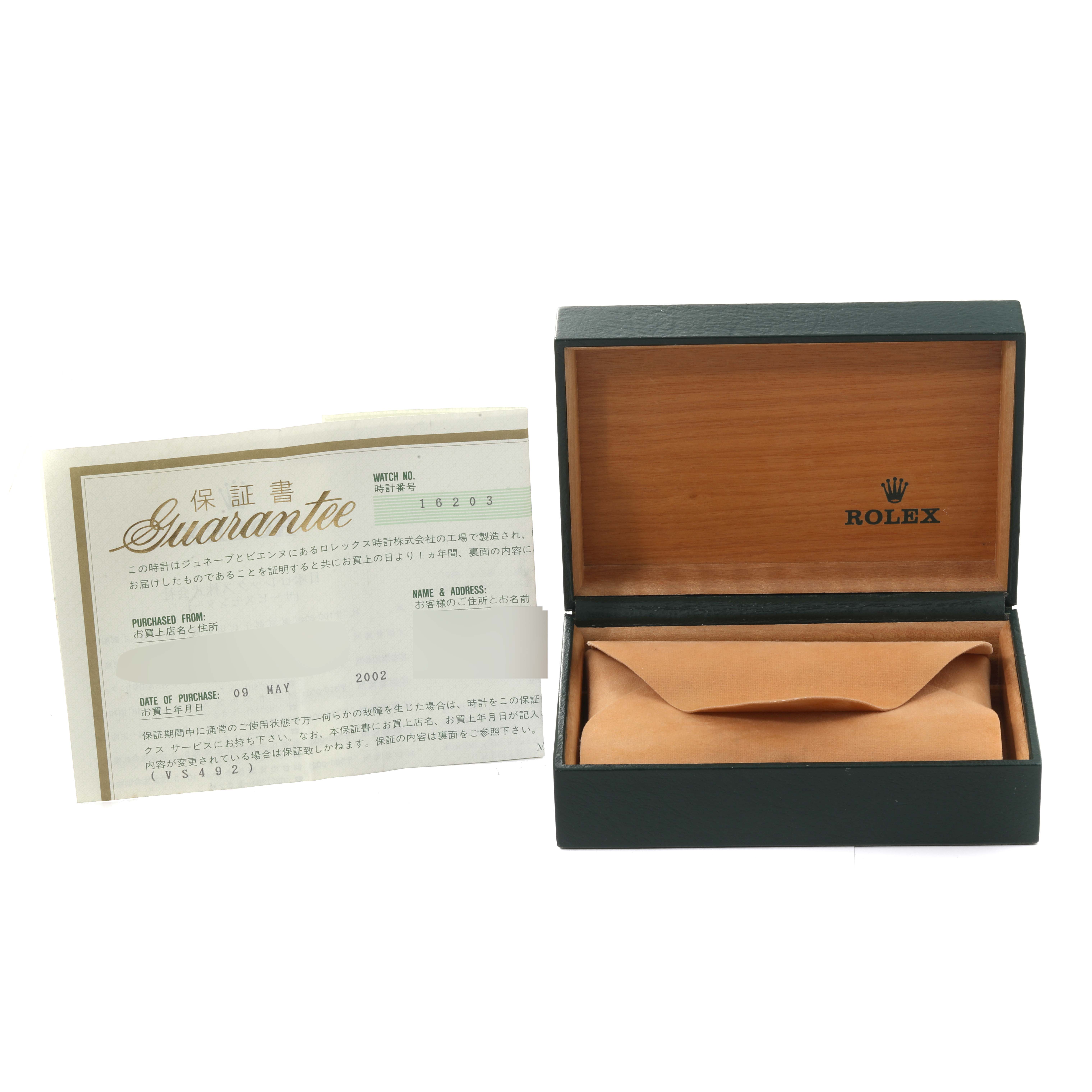 The image shows a Rolex Datejust 16203 Men's Steel and Gold (two tone) Grey Dial 16203 Men's Steel and Gold (two tone) Grey Dial watch box and guarantee certificate from an overhead angle.