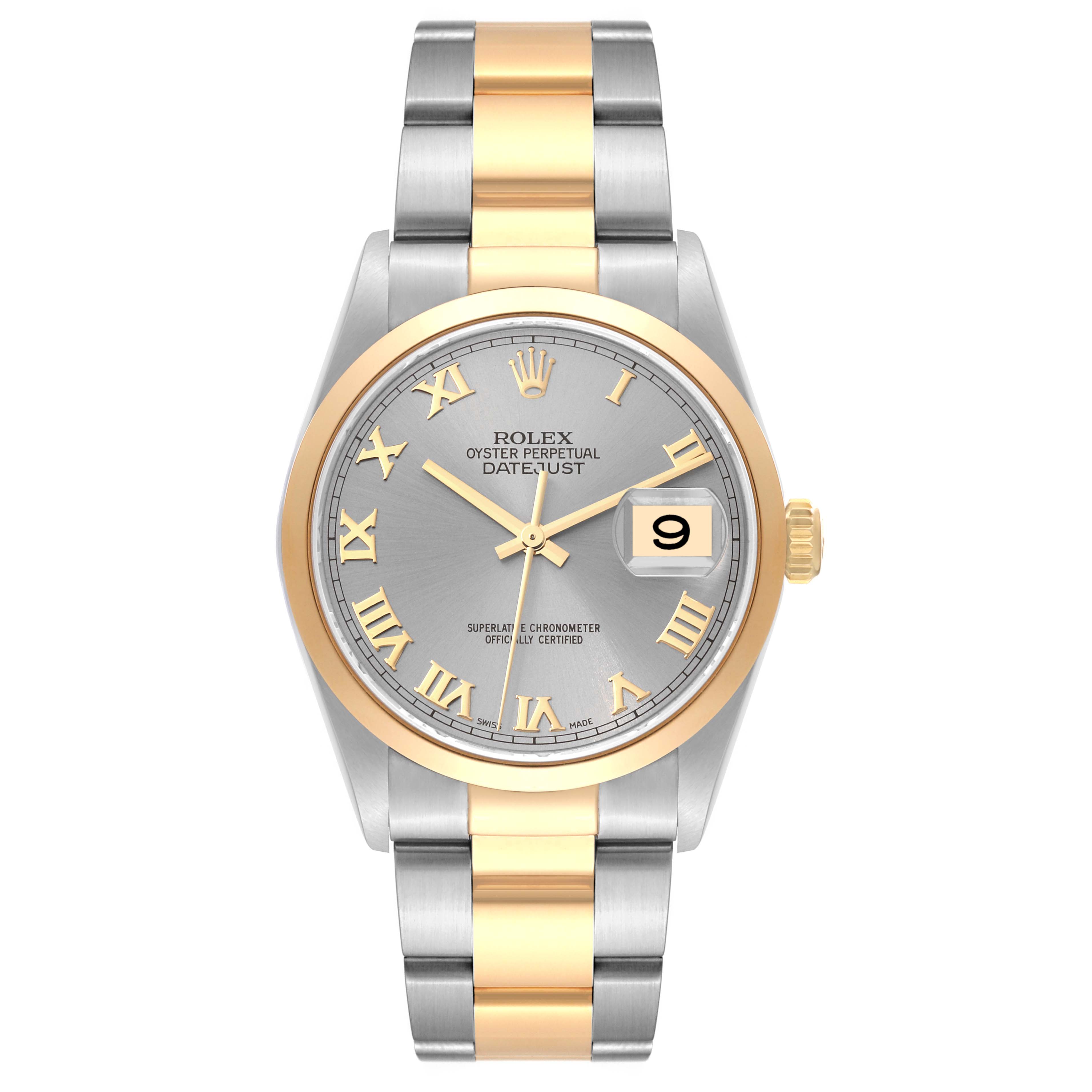 The Rolex Datejust 16203 Men's Steel and Gold (two tone) Grey Dial 16203 Men's Steel and Gold (two tone) Grey Dial watch is shown from the front, displaying its two-tone bracelet, gray dial with Roman numerals, and date window.