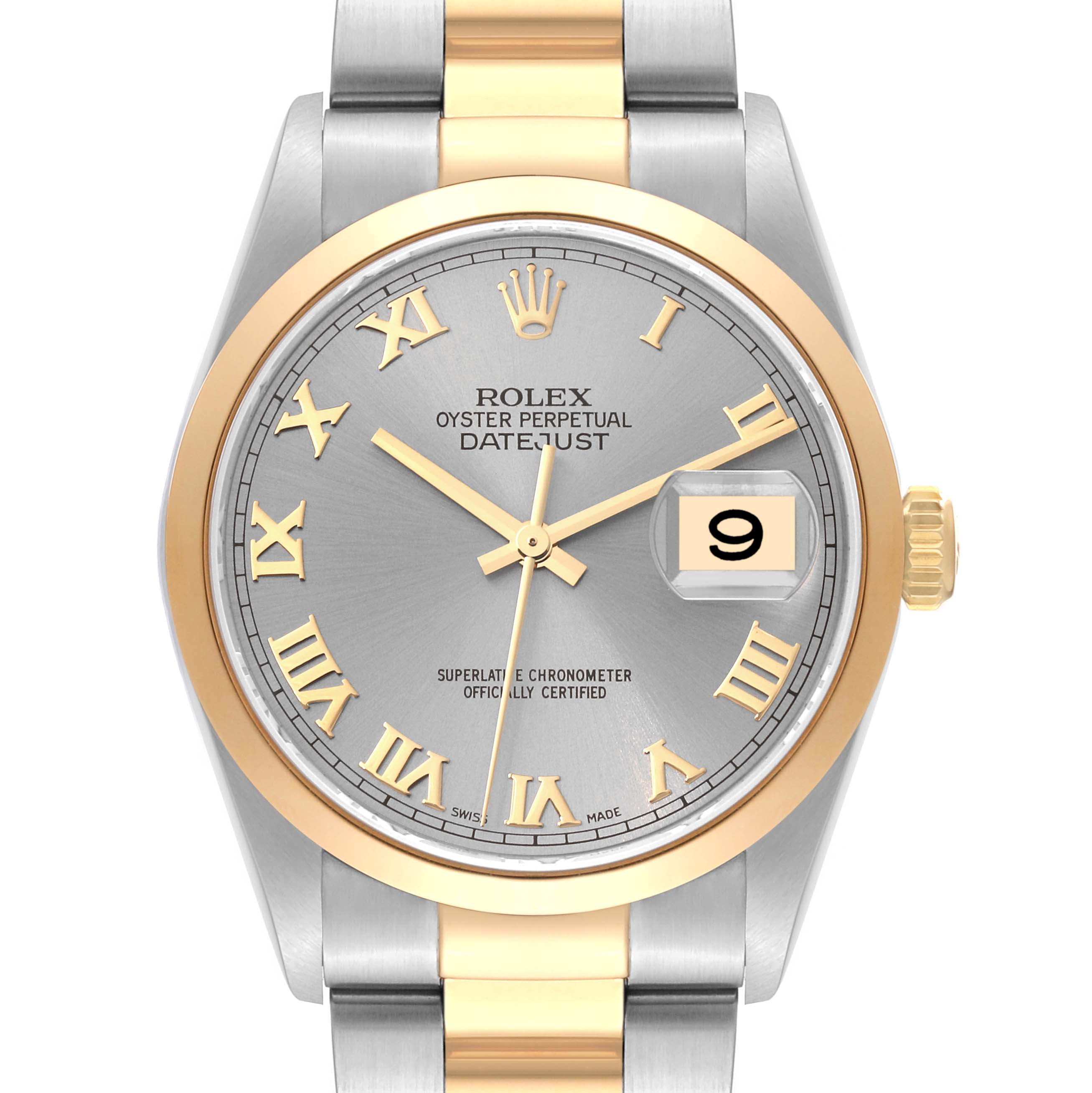 The image shows a front angle of a Rolex Datejust 16203 Men's Steel and Gold (two tone) Grey Dial 16203 Men's Steel and Gold (two tone) Grey Dial watch, highlighting its dial, Roman numerals, bracelet, and date window.