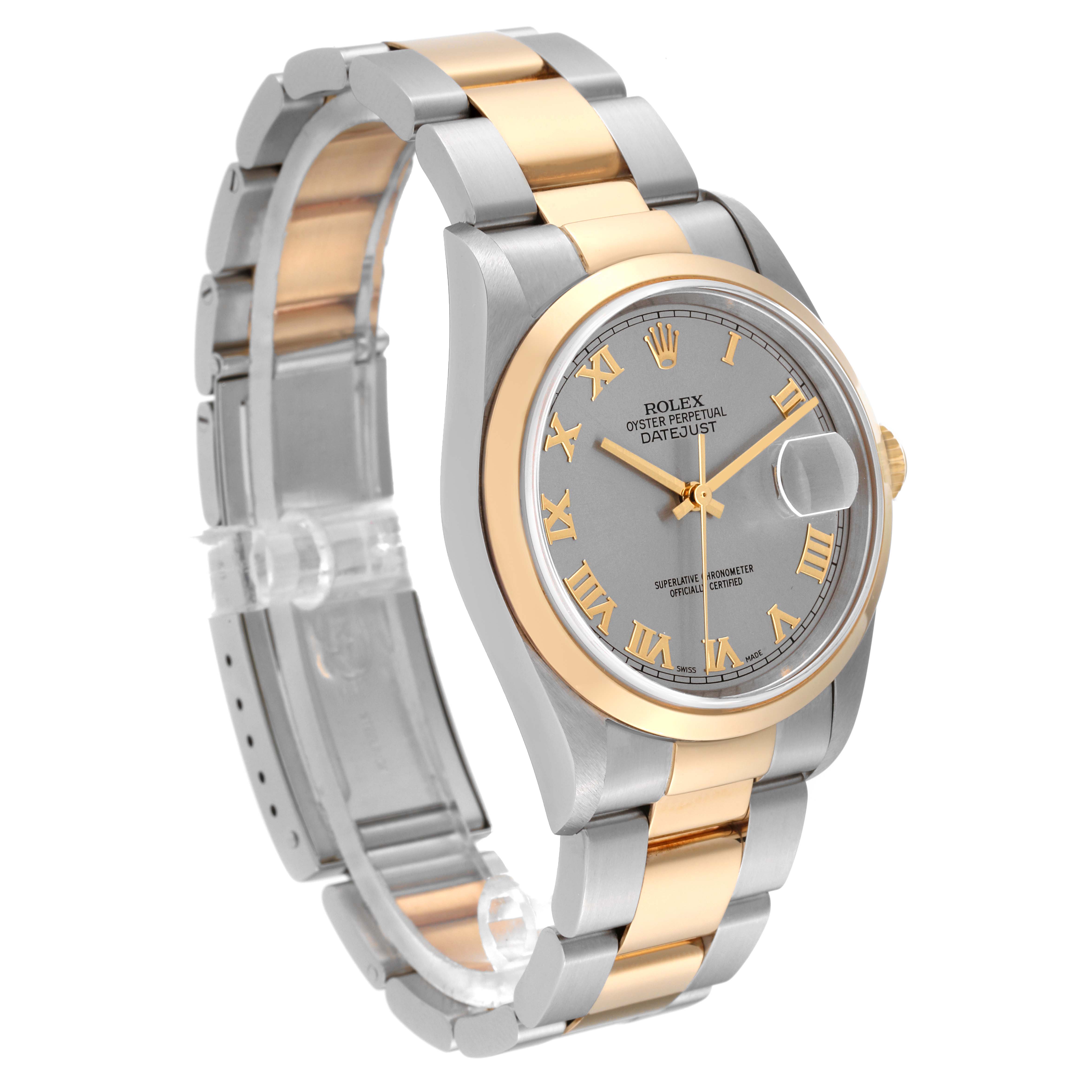 The Rolex Datejust 16203 Men's Steel and Gold (two tone) Grey Dial 16203 Men's Steel and Gold (two tone) Grey Dial model is shown at a slight three-quarter angle, displaying the face, bezel, and bracelet.