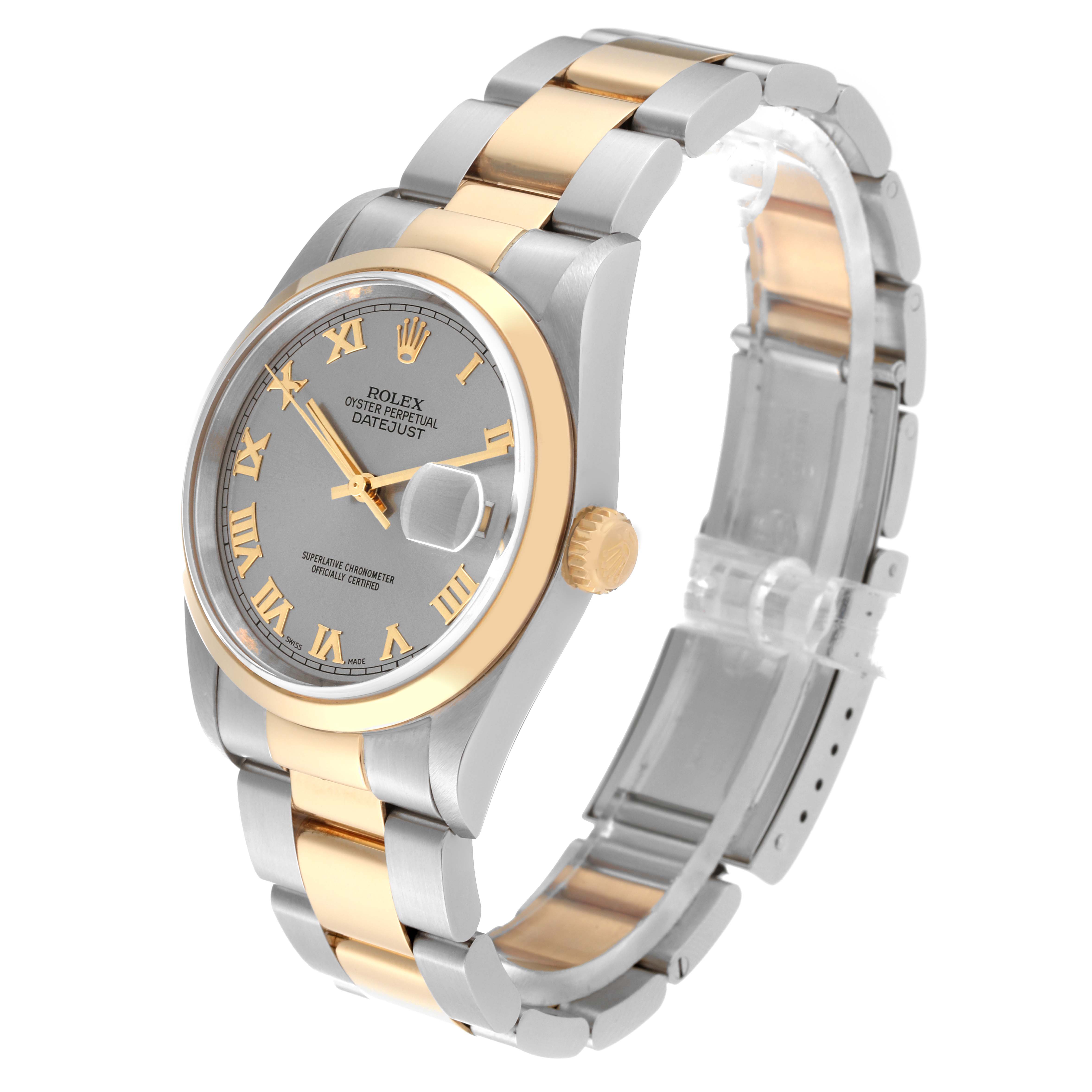 The image shows a Rolex Datejust 16203 Men's Steel and Gold (two tone) Grey Dial 16203 Men's Steel and Gold (two tone) Grey Dial watch from a three-quarter angle, highlighting the two-tone bracelet, dial, bezel, and crown.