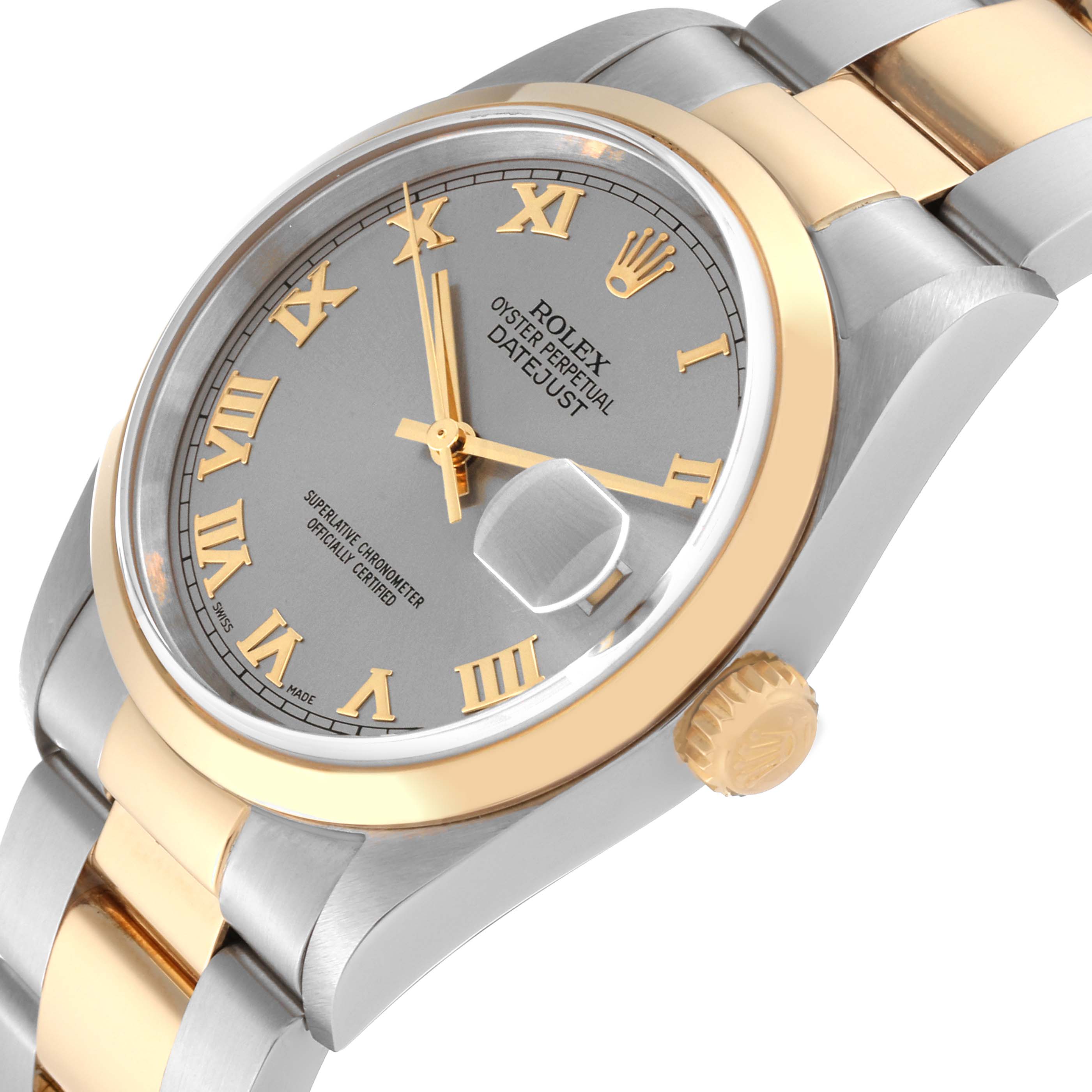 This Rolex Datejust 16203 Men's Steel and Gold (two tone) Grey Dial 16203 Men's Steel and Gold (two tone) Grey Dial watch is shown at a slight angle, highlighting the dial, bezel, crown, and bracelet.