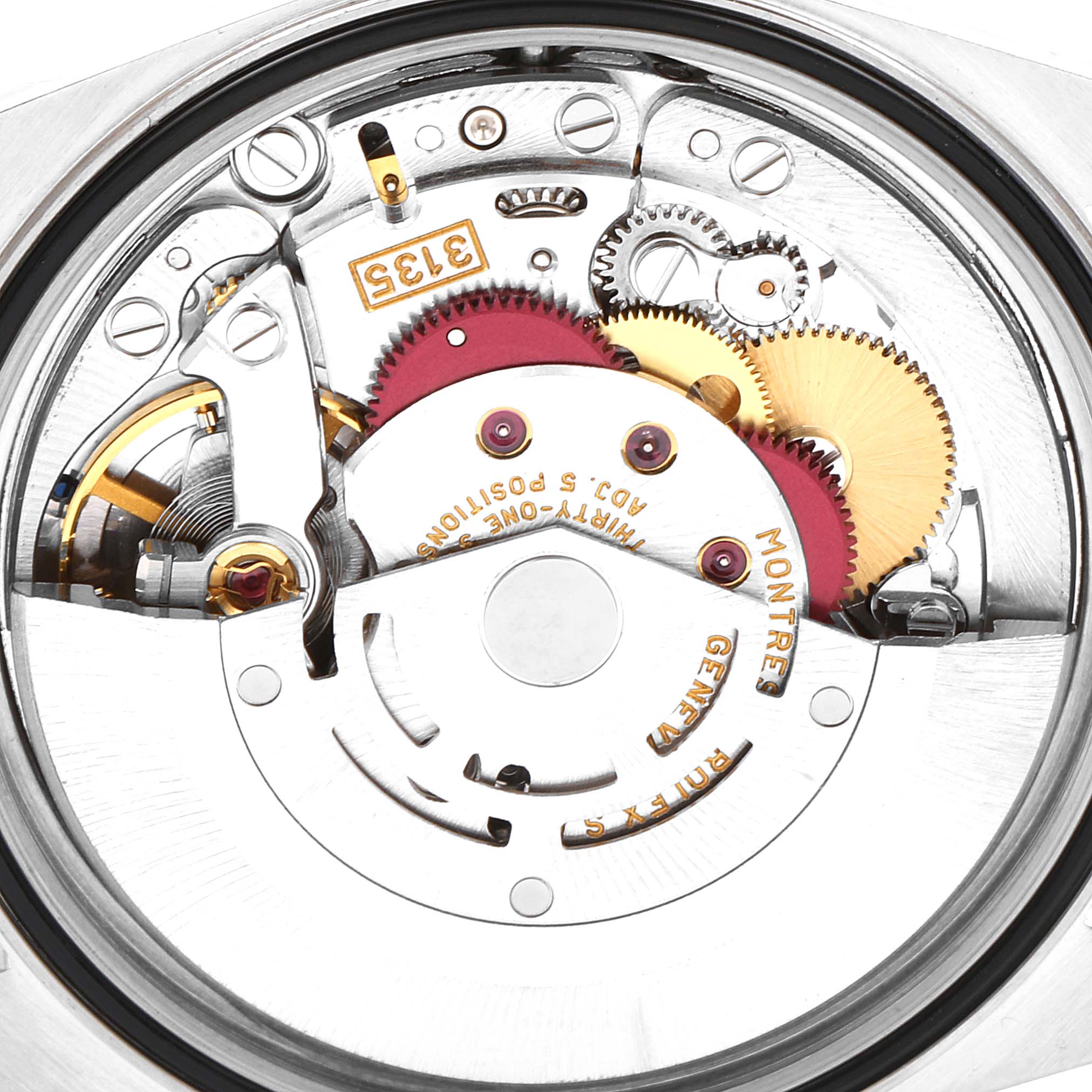 This image shows the internal movement of a Rolex Datejust 16233 Men's Steel and Gold (two tone) Blue Dial 16233 Men's Steel and Gold (two tone) Blue Dial watch from a macro angle, highlighting gears and mechanisms.