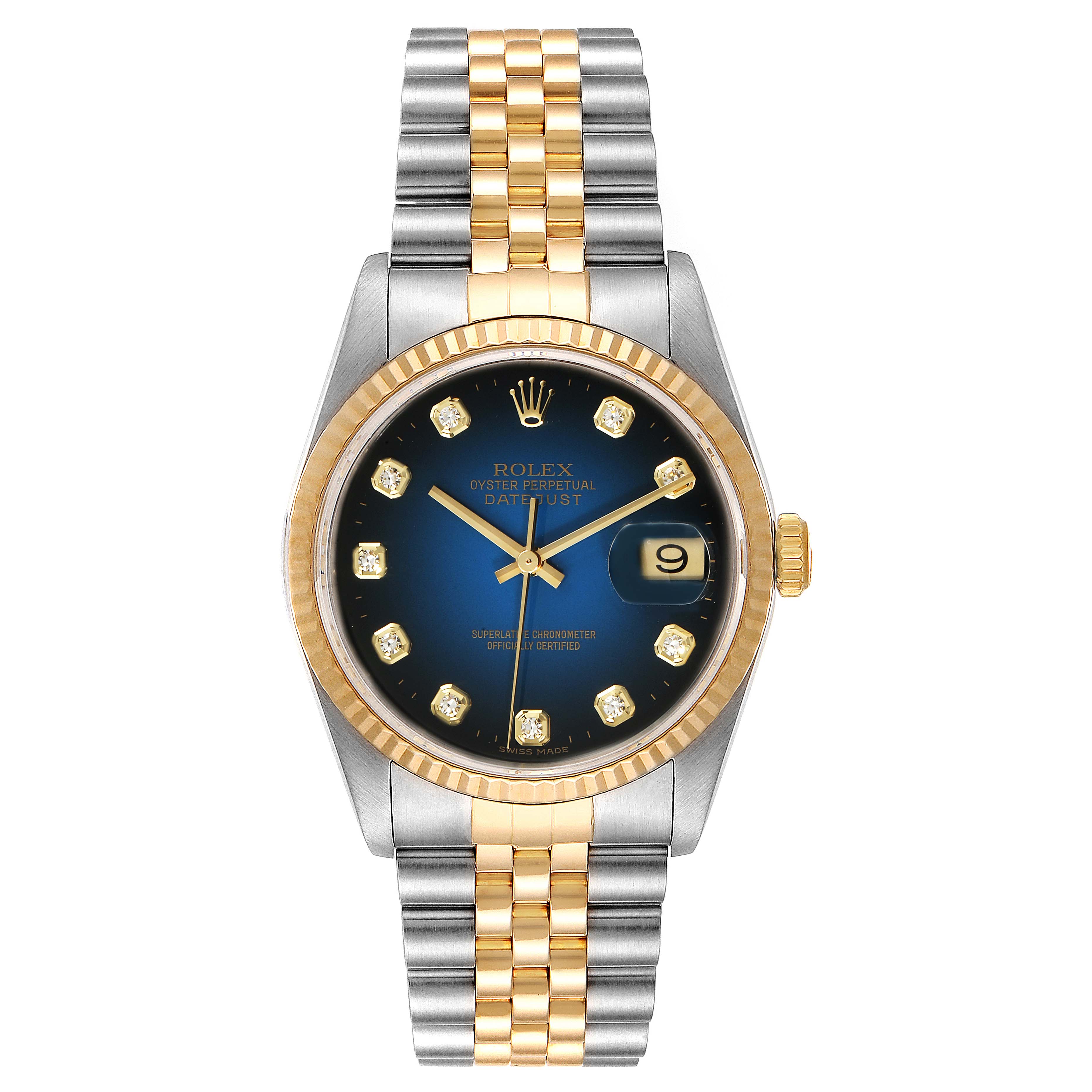 This Rolex Datejust 16233 Men's Steel and Gold (two tone) Blue Dial 16233 Men's Steel and Gold (two tone) Blue Dial watch is shown from a top view, displaying the bezel, dial, bracelet, and date window.