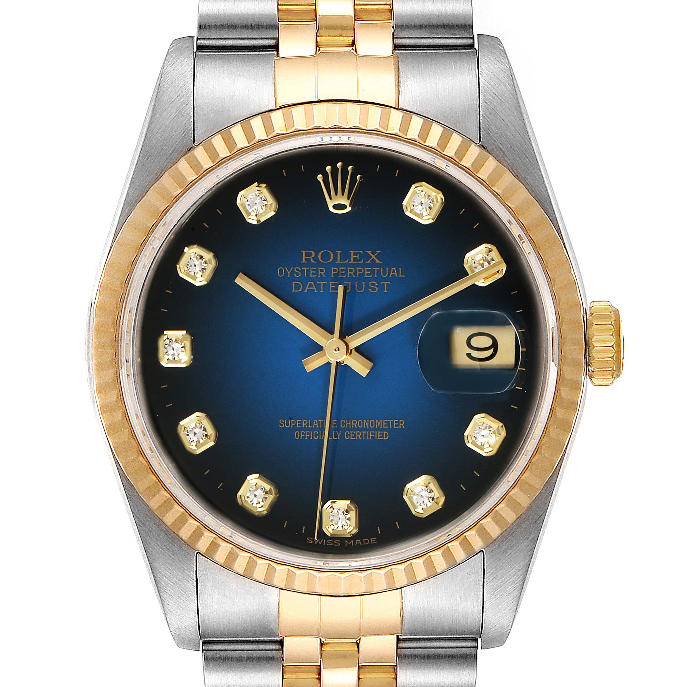 This image shows a close-up frontal view of a Rolex Datejust 16233 Men's Steel and Gold (two tone) Blue Dial 16233 Men's Steel and Gold (two tone) Blue Dial watch, highlighting the dial, hands, bezel, and part of the bracelet.