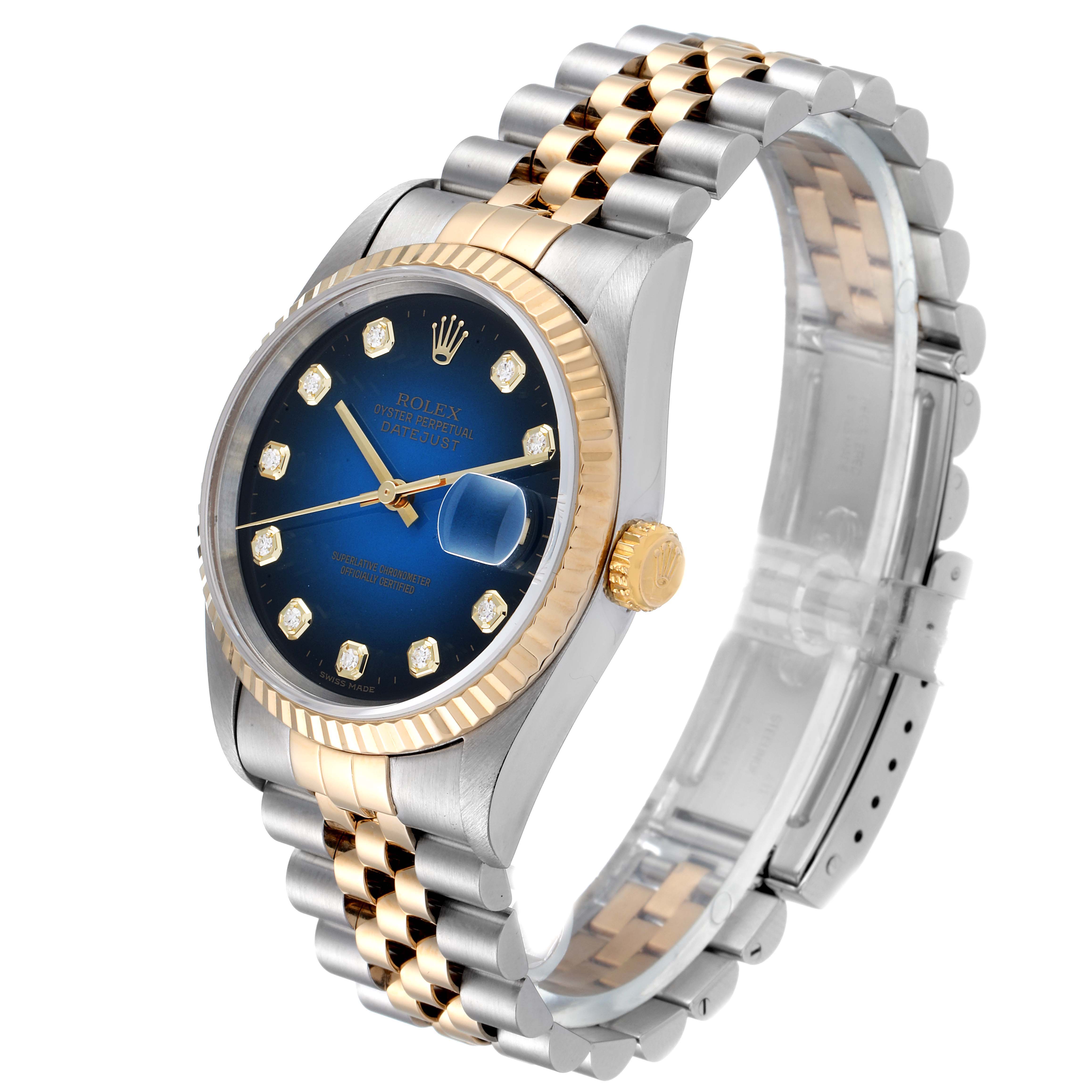 The image shows a Rolex Datejust 16233 Men's Steel and Gold (two tone) Blue Dial 16233 Men's Steel and Gold (two tone) Blue Dial watch at a three-quarter angle, displaying the face, bezel, and bracelet.