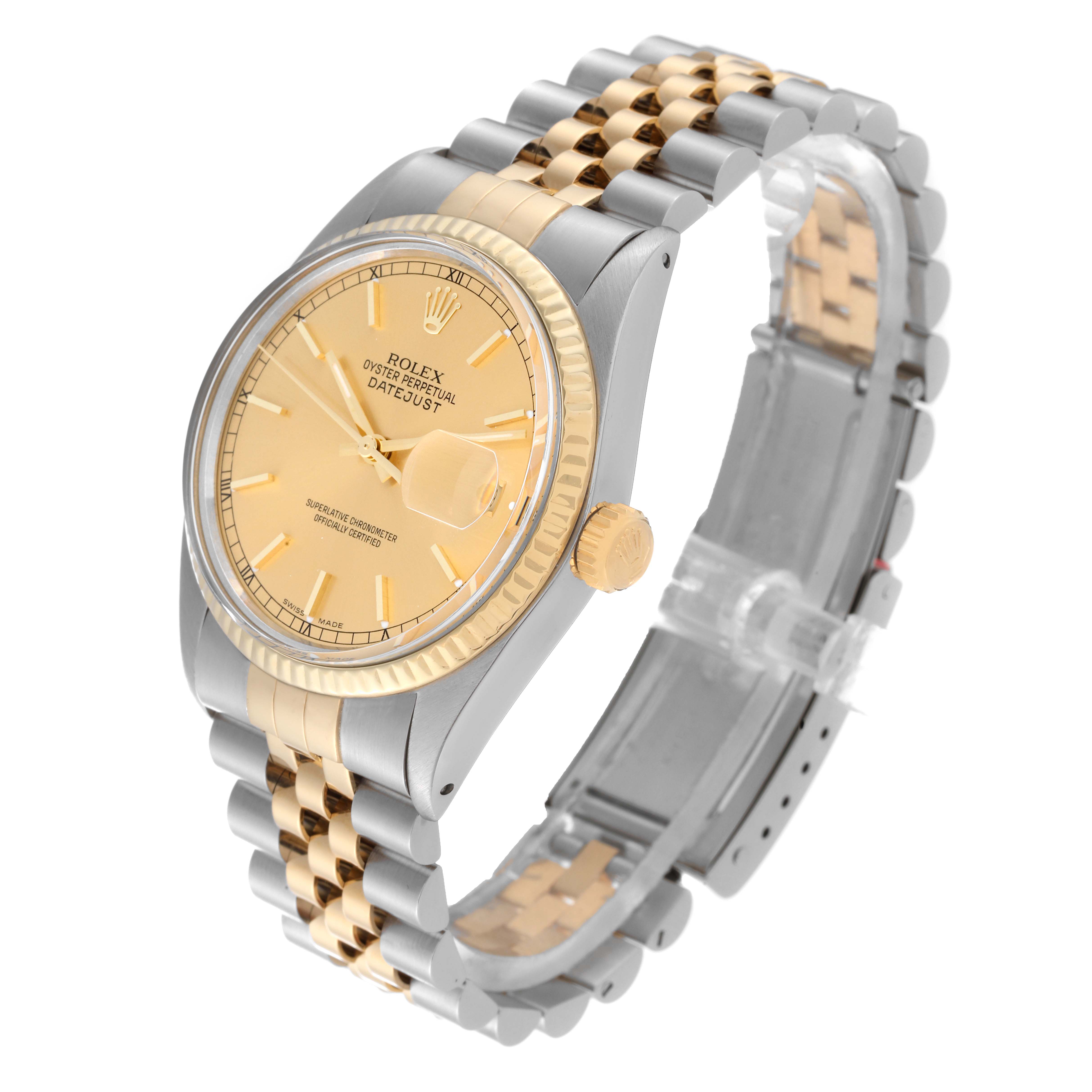 The Rolex Vintage Collection 16013 Men's Steel and Gold (two tone) Champagne Dial 16013 Men's Steel and Gold (two tone) Champagne Dial model is shown at a three-quarter angle, displaying its face, bezel, crown, and bracelet.
