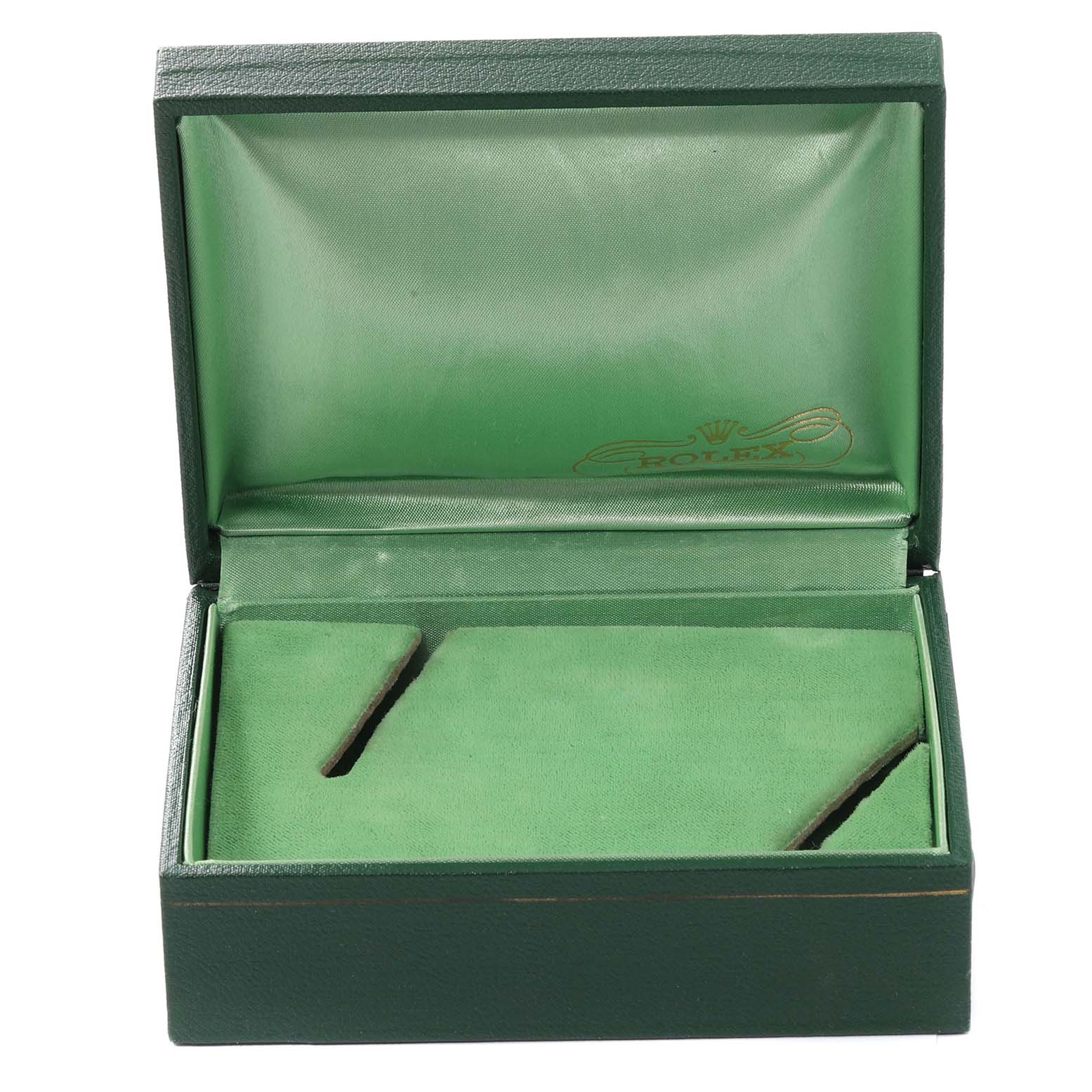 This is an open green watch box for the Vintage Collection model by Rolex, showing its interior with two padded sections.