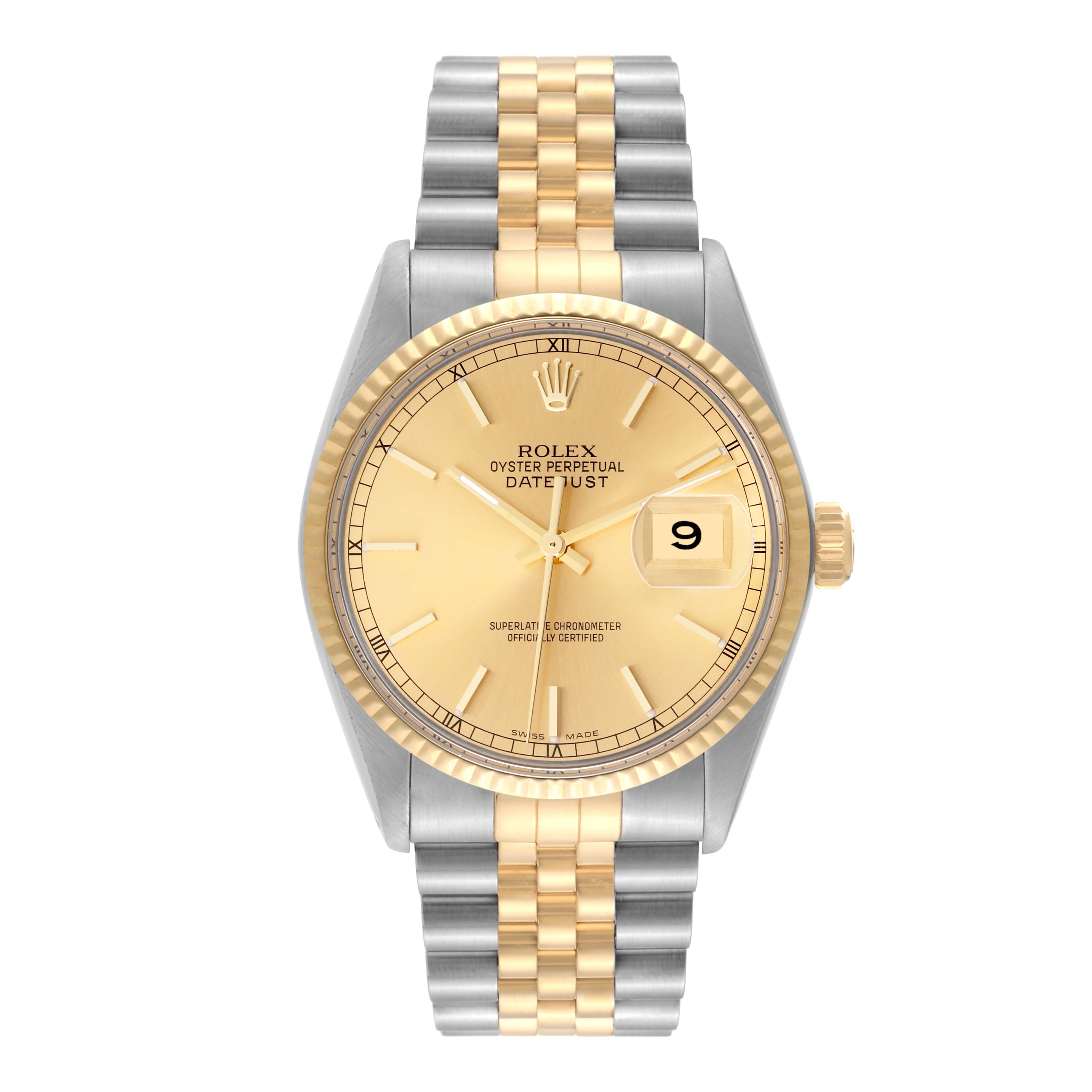 The image shows a frontal view of the Rolex Vintage Collection 16013 Men's Steel and Gold (two tone) Champagne Dial 16013 Men's Steel and Gold (two tone) Champagne Dial Oyster Perpetual Datejust, highlighting its two-tone bracelet and date display.