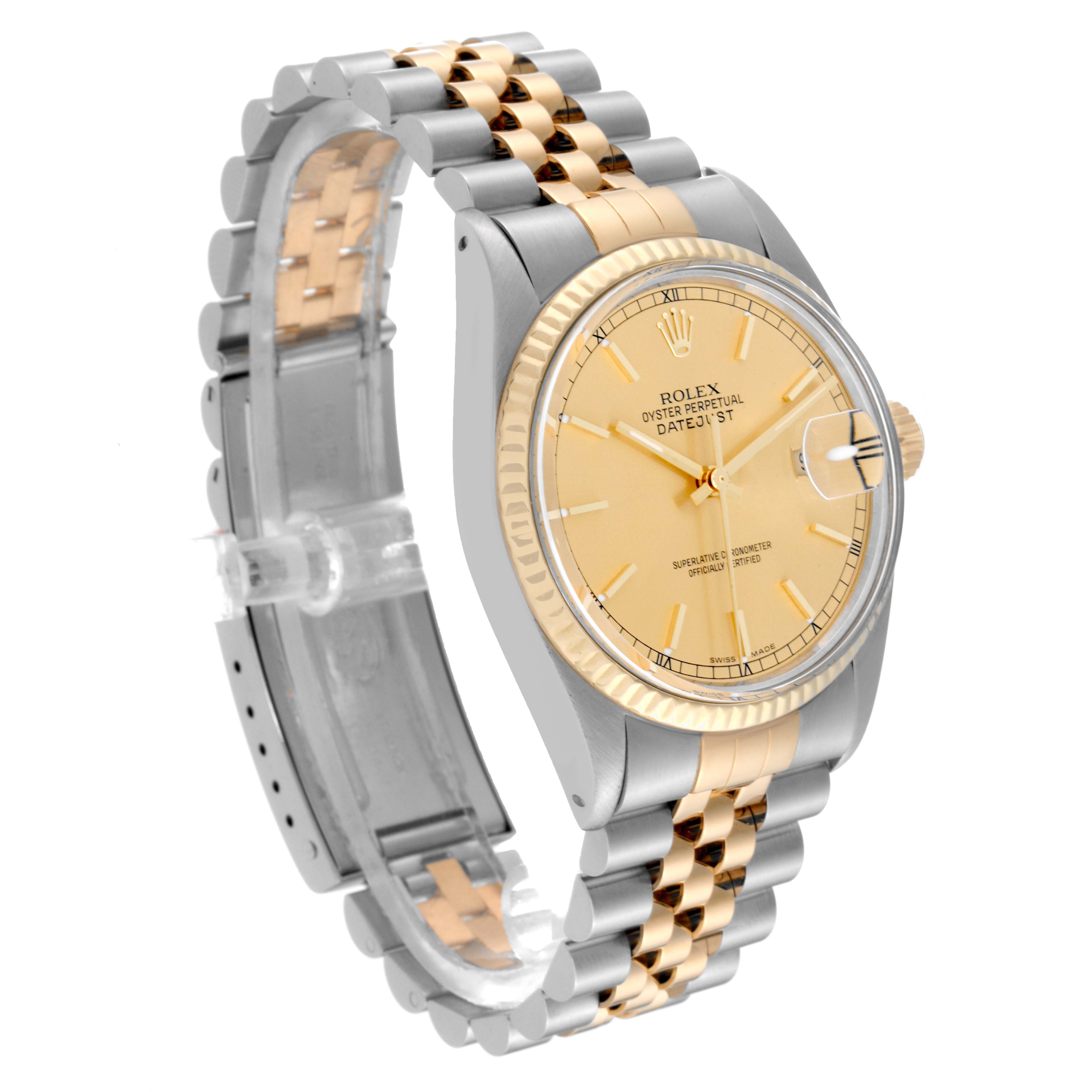 The image shows a Rolex Vintage Collection 16013 Men's Steel and Gold (two tone) Champagne Dial 16013 Men's Steel and Gold (two tone) Champagne Dial Datejust model, showcasing its face and gold-silver bracelet at a slight angle.