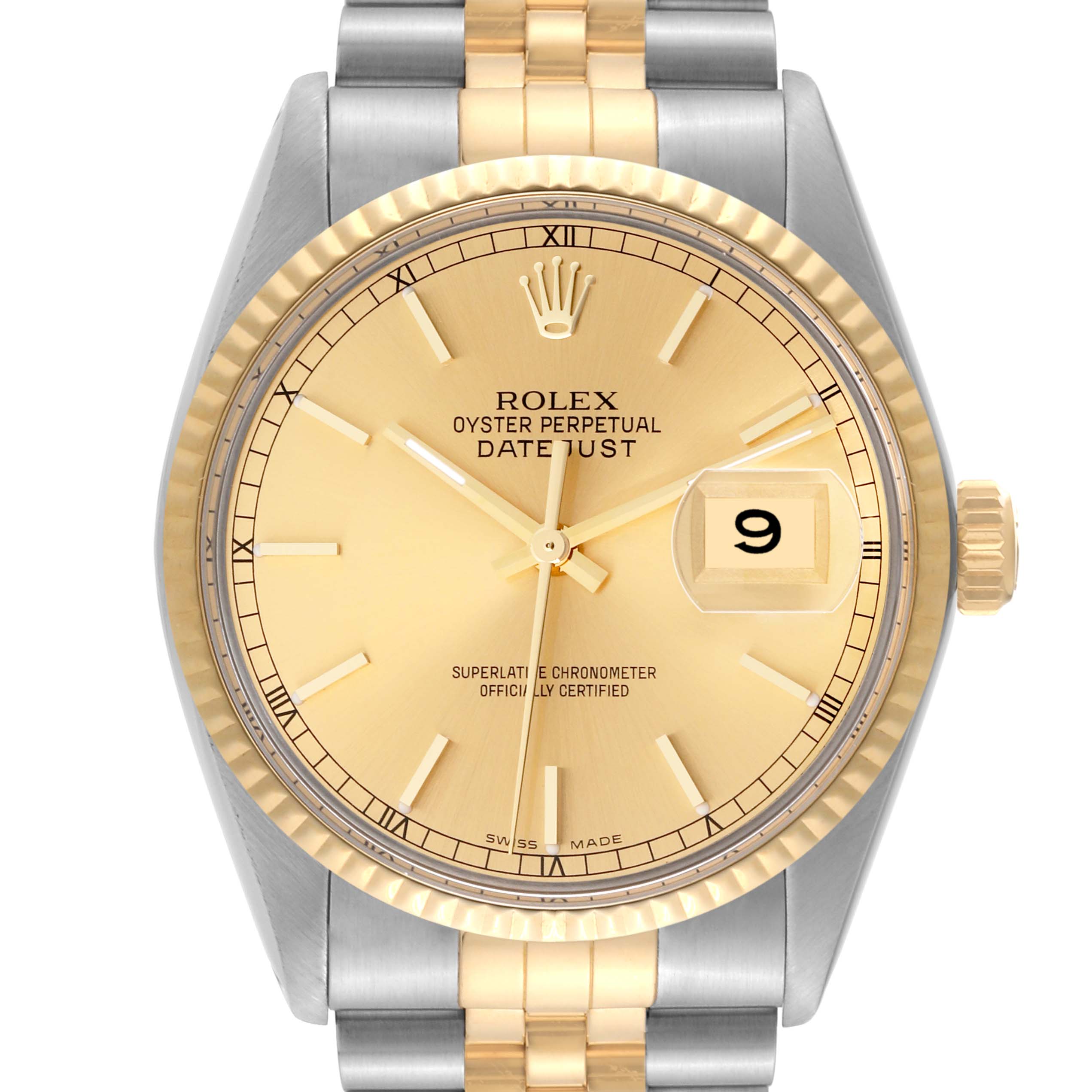 This image shows a frontal view of the Rolex Vintage Collection 16013 Men's Steel and Gold (two tone) Champagne Dial 16013 Men's Steel and Gold (two tone) Champagne Dial Datejust watch, highlighting the dial, bezel, hands, and bracelet.