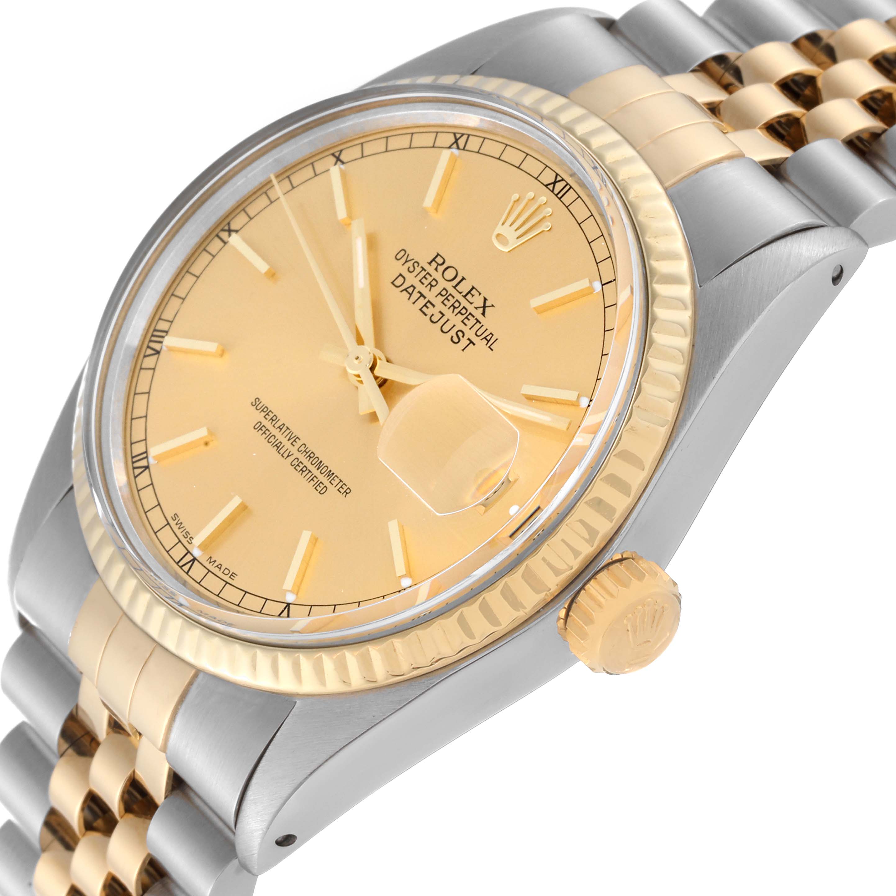 The Rolex Vintage Collection 16013 Men's Steel and Gold (two tone) Champagne Dial 16013 Men's Steel and Gold (two tone) Champagne Dial watch in the image is shown at a slight angle emphasizing the dial, bezel, crown, and bracelet.