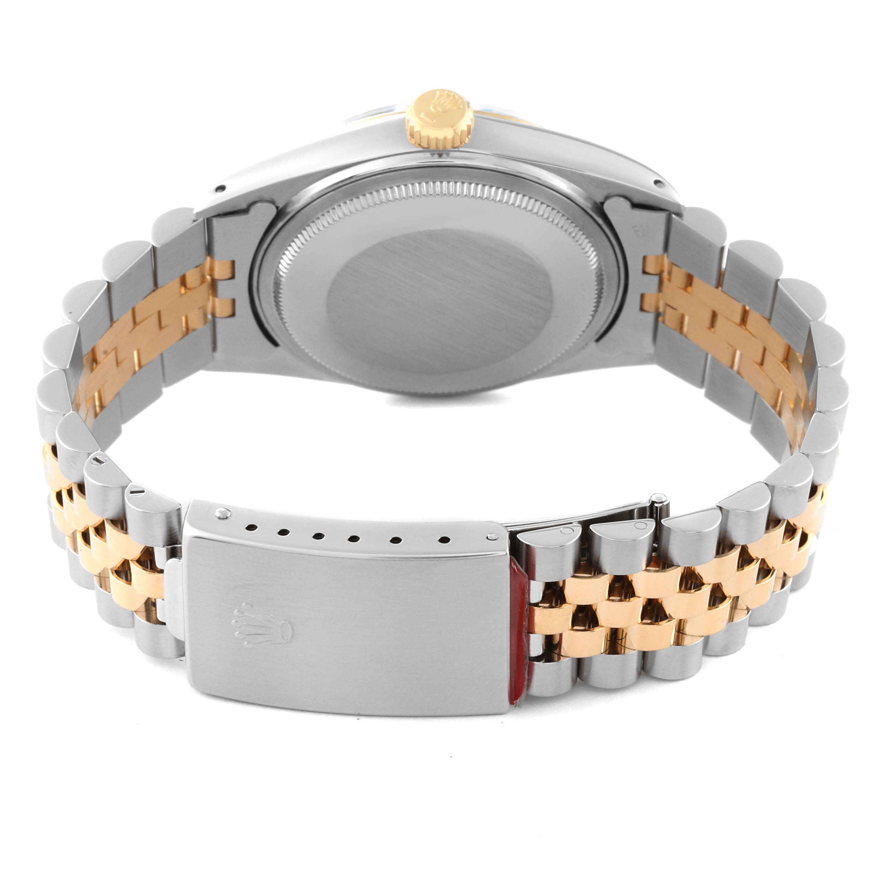 The image shows the back view of the Rolex Vintage Collection 16013 Men's Steel and Gold (two tone) Champagne Dial 16013 Men's Steel and Gold (two tone) Champagne Dial watch, highlighting its case, crown, and two-tone bracelet.