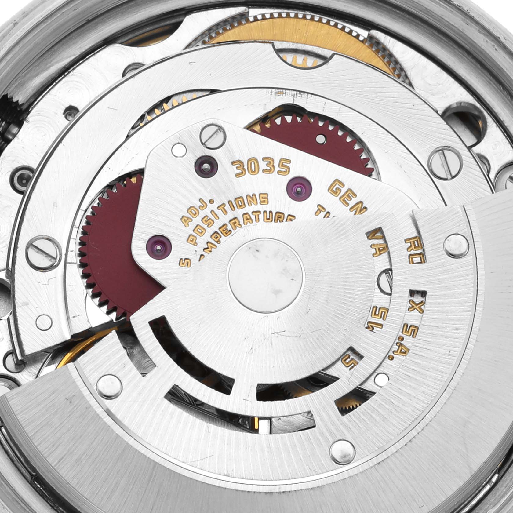 This close-up image shows the internal mechanical movement of a Rolex Vintage Collection 16013 Men's Steel and Gold (two tone) Champagne Dial 16013 Men's Steel and Gold (two tone) Champagne Dial Model 3035 watch.