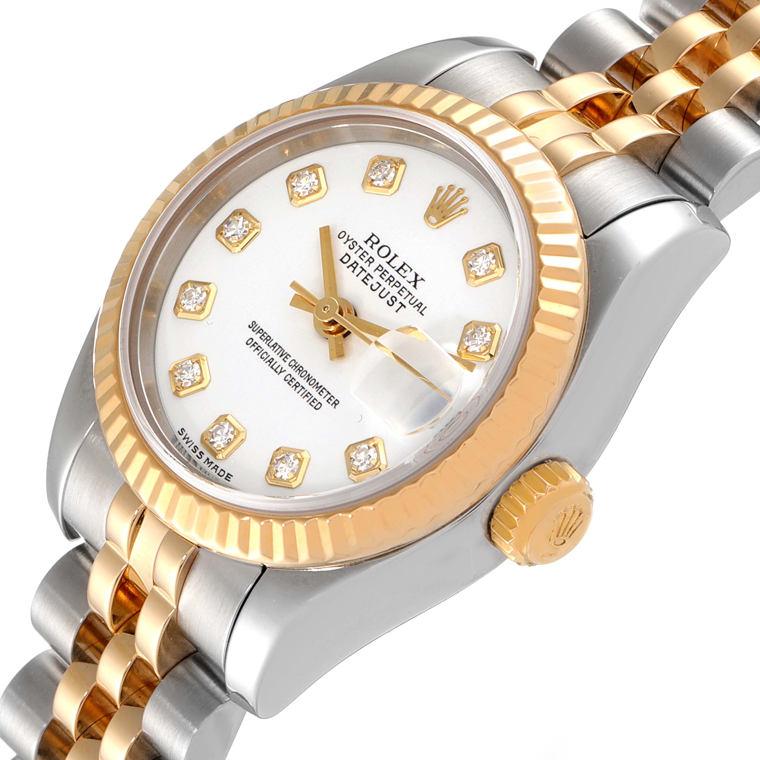 This image shows a close-up angle of a Rolex Datejust 179173 Women's Steel and Gold (two tone) White Dial 179173 Women's Steel and Gold (two tone) White Dial watch, highlighting the dial, bezel, and part of the bracelet.