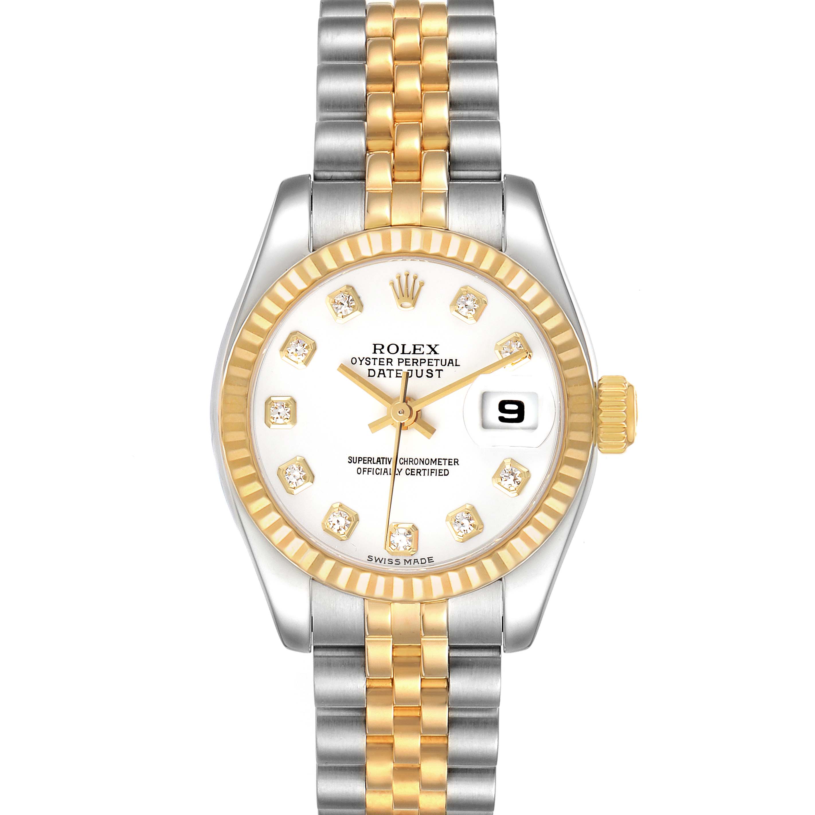 This image shows a front view of a Rolex Datejust 179173 Women's Steel and Gold (two tone) White Dial 179173 Women's Steel and Gold (two tone) White Dial watch, highlighting its face, bezel, crown, and two-tone bracelet.