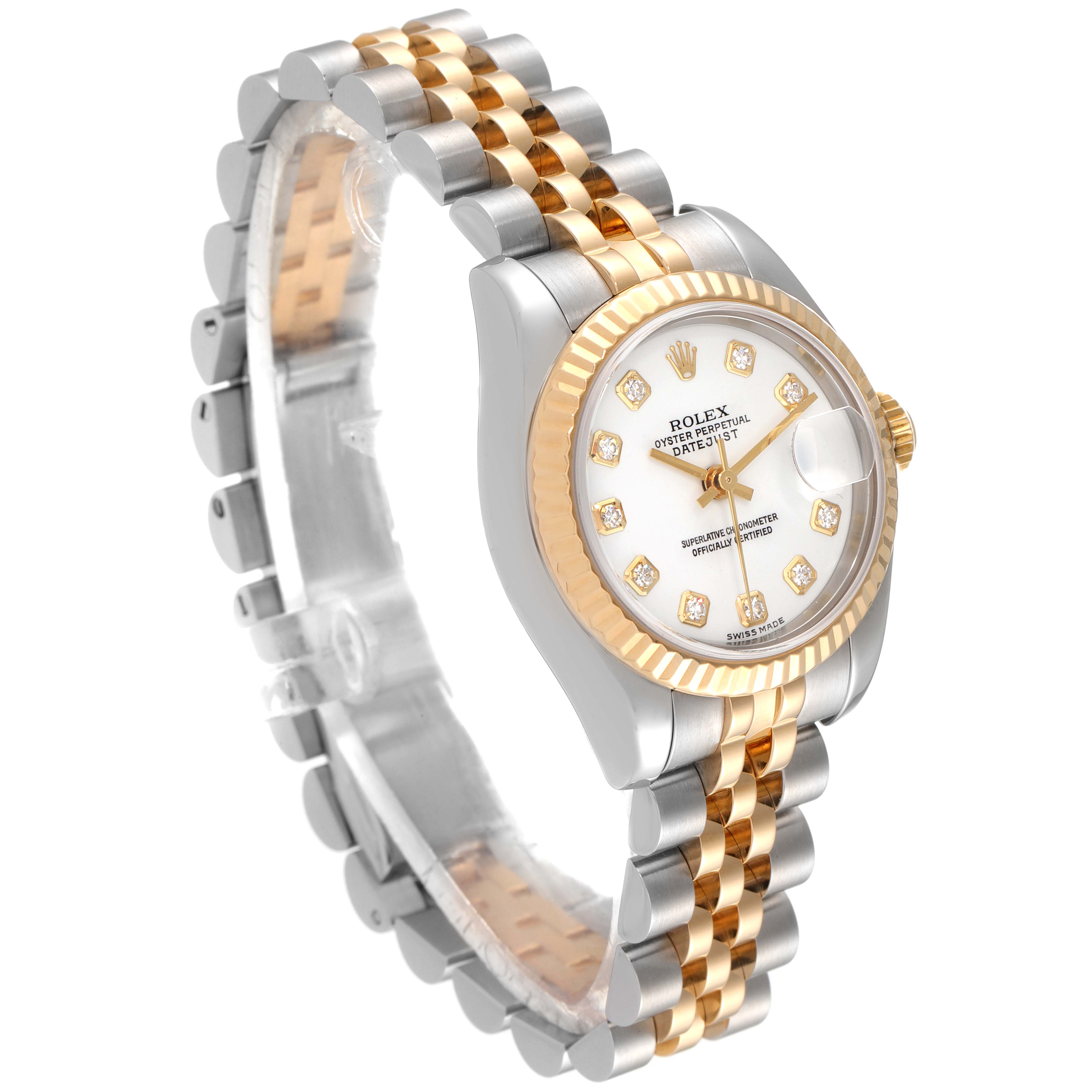 The image shows a Rolex Datejust 179173 Women's Steel and Gold (two tone) White Dial 179173 Women's Steel and Gold (two tone) White Dial watch at a three-quarter angle, highlighting the dial, case, and two-tone bracelet.