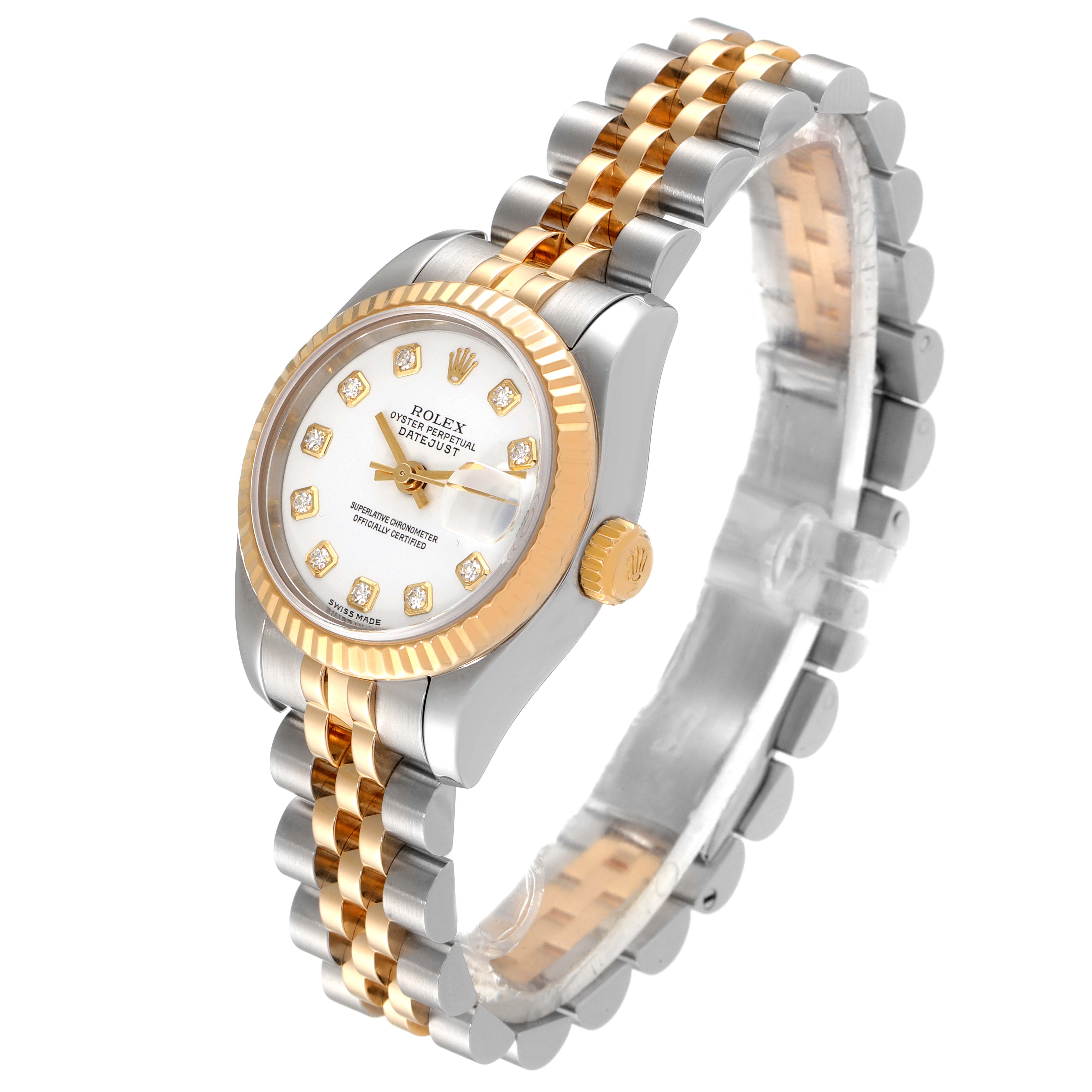 The Rolex Datejust 179173 Women's Steel and Gold (two tone) White Dial 179173 Women's Steel and Gold (two tone) White Dial watch is shown from a side angle, highlighting its two-tone bracelet, fluted bezel, and diamond hour markers.