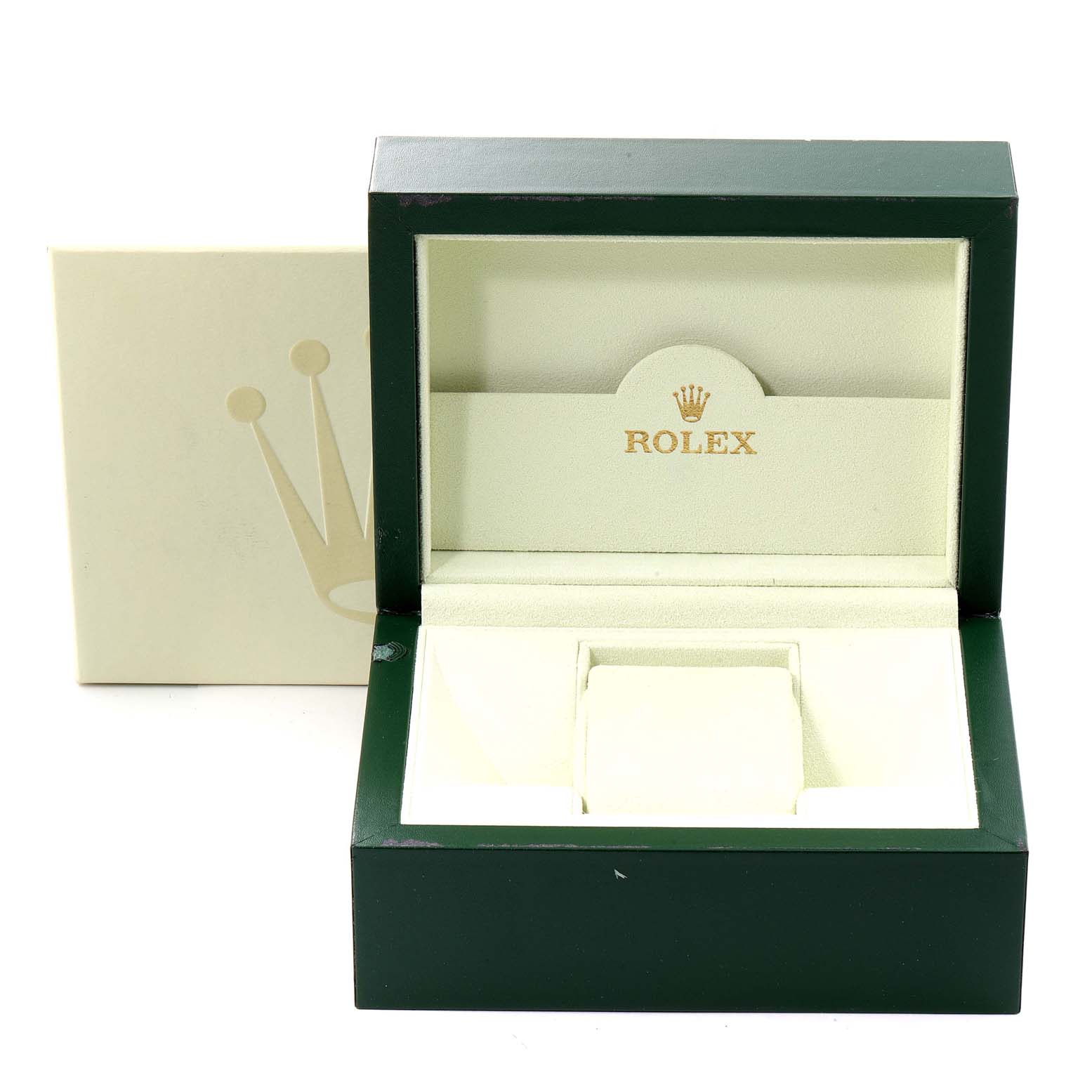 This image shows an open Rolex Datejust 179173 Women's Steel and Gold (two tone) White Dial 179173 Women's Steel and Gold (two tone) White Dial watch box with a green exterior and cream interior, featuring the brand logo.