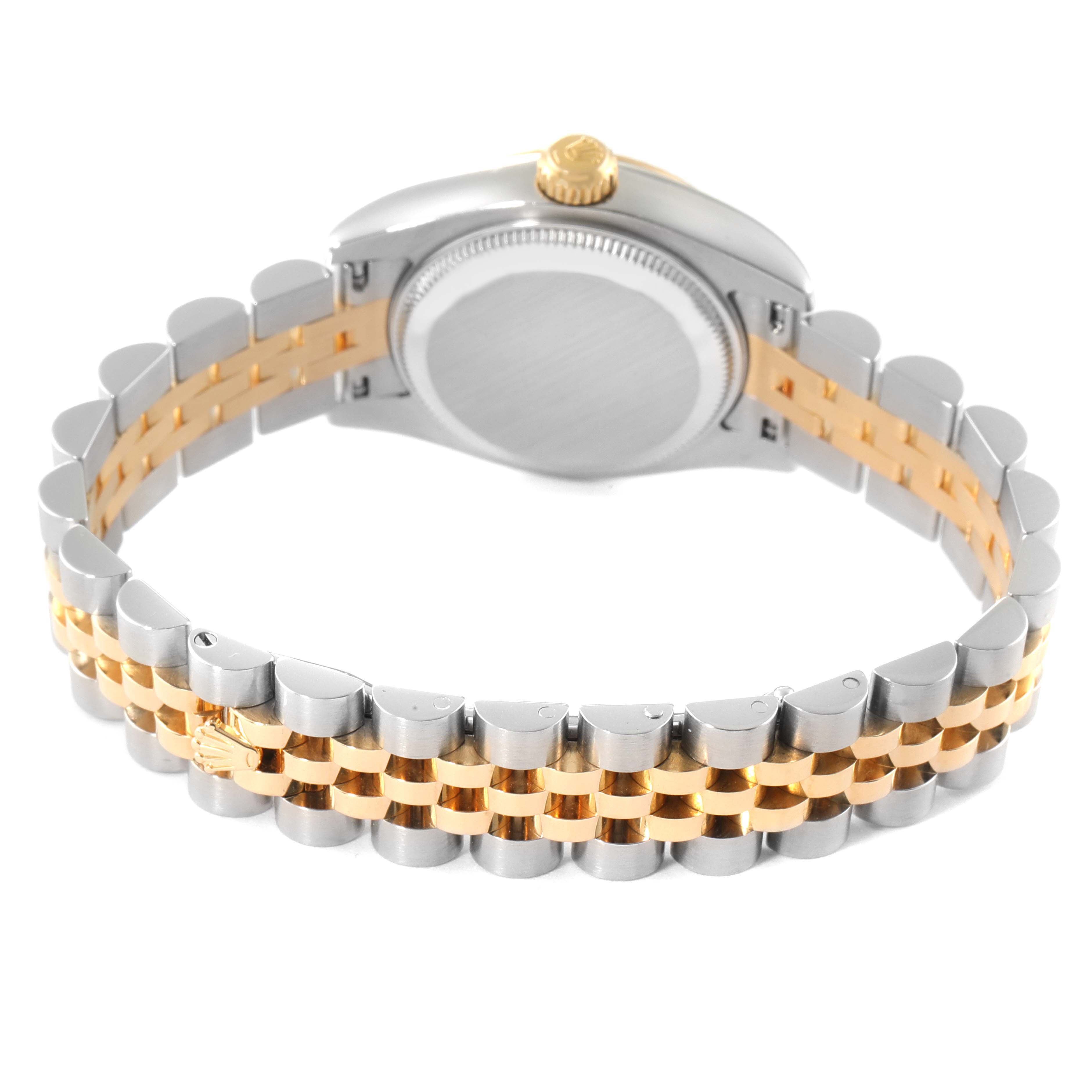 This image shows the Rolex Datejust 179173 Women's Steel and Gold (two tone) White Dial 179173 Women's Steel and Gold (two tone) White Dial watch from the back, highlighting its two-tone bracelet and case back.