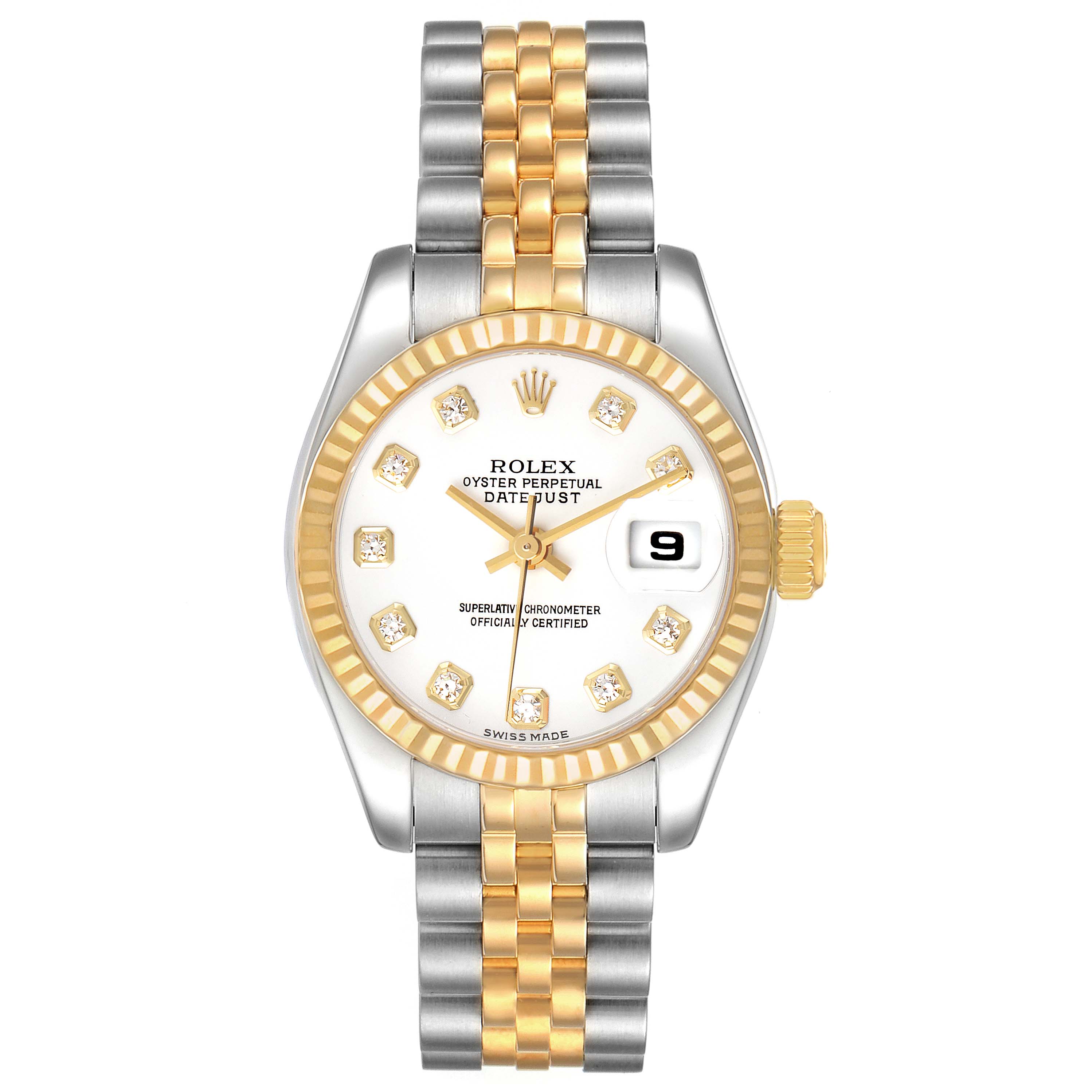 The Rolex Datejust 179173 Women's Steel and Gold (two tone) White Dial 179173 Women's Steel and Gold (two tone) White Dial watch is shown from a top-down view, displaying its dial, bezel, and two-tone bracelet.