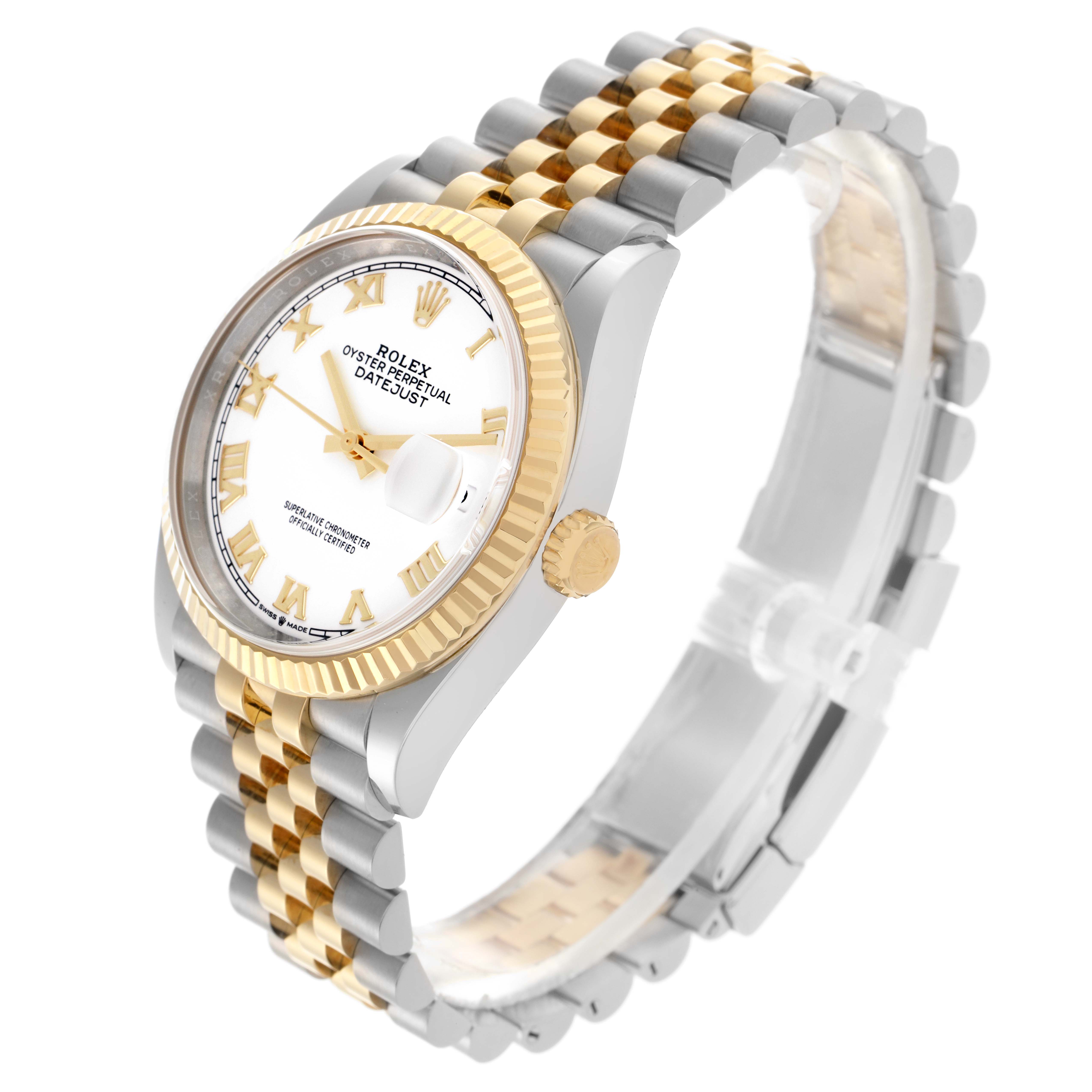 The Rolex Datejust 126233 Men's Steel and Gold (two tone) White Dial 126233 Men's Steel and Gold (two tone) White Dial watch is shown at an oblique angle, highlighting the dial, fluted bezel, crown, and Jubilee bracelet.