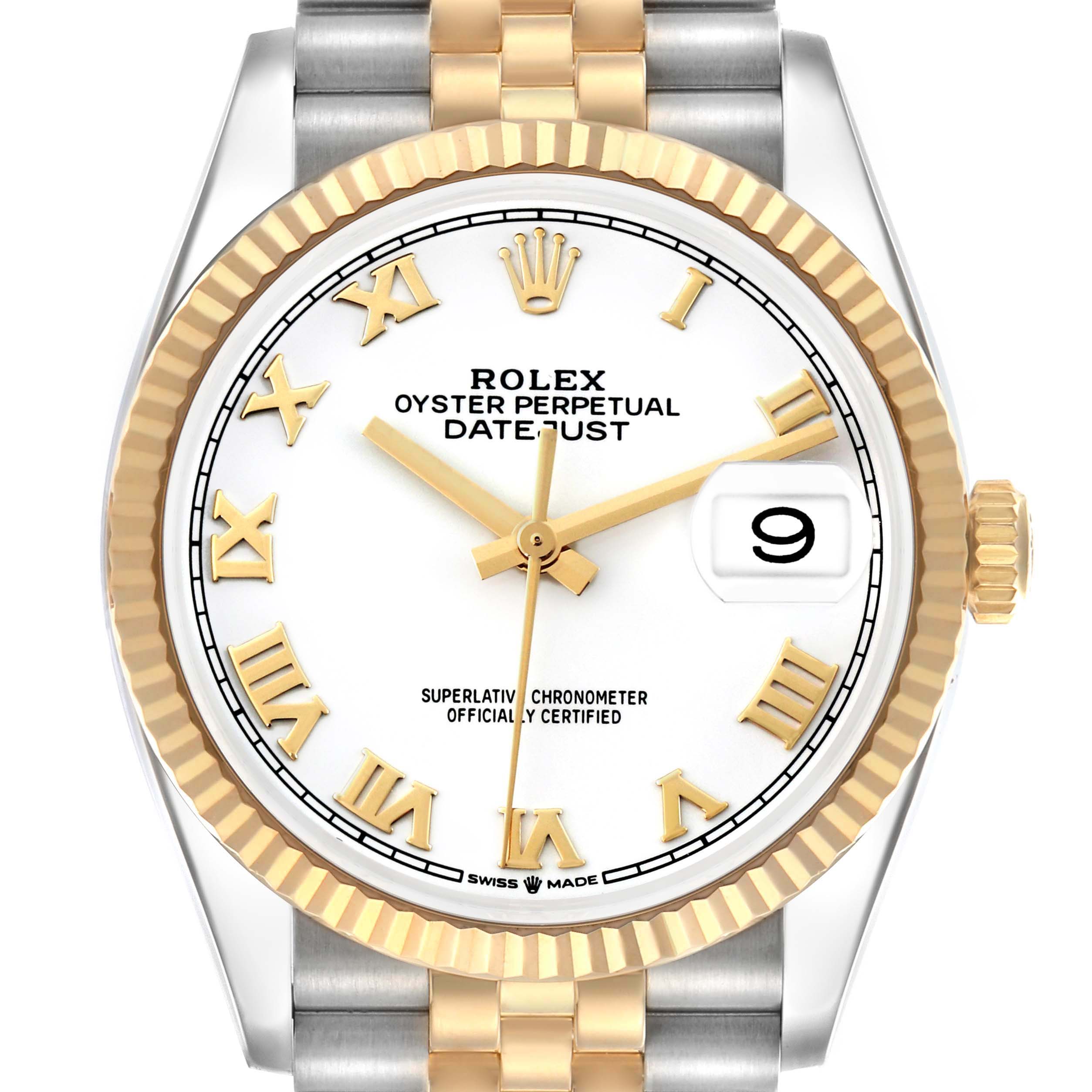 The Rolex Datejust 126233 Men's Steel and Gold (two tone) White Dial 126233 Men's Steel and Gold (two tone) White Dial watch is shown from a frontal angle, featuring the dial, bezel, and part of the bracelet.
