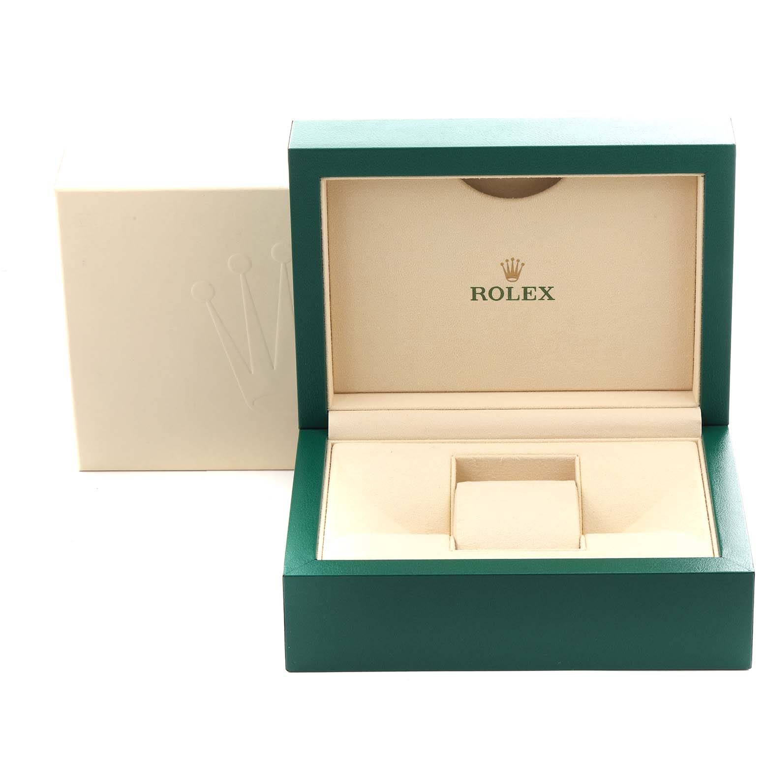 The image shows an open Rolex watch box for the Datejust model, displaying its beige interior and green exterior.