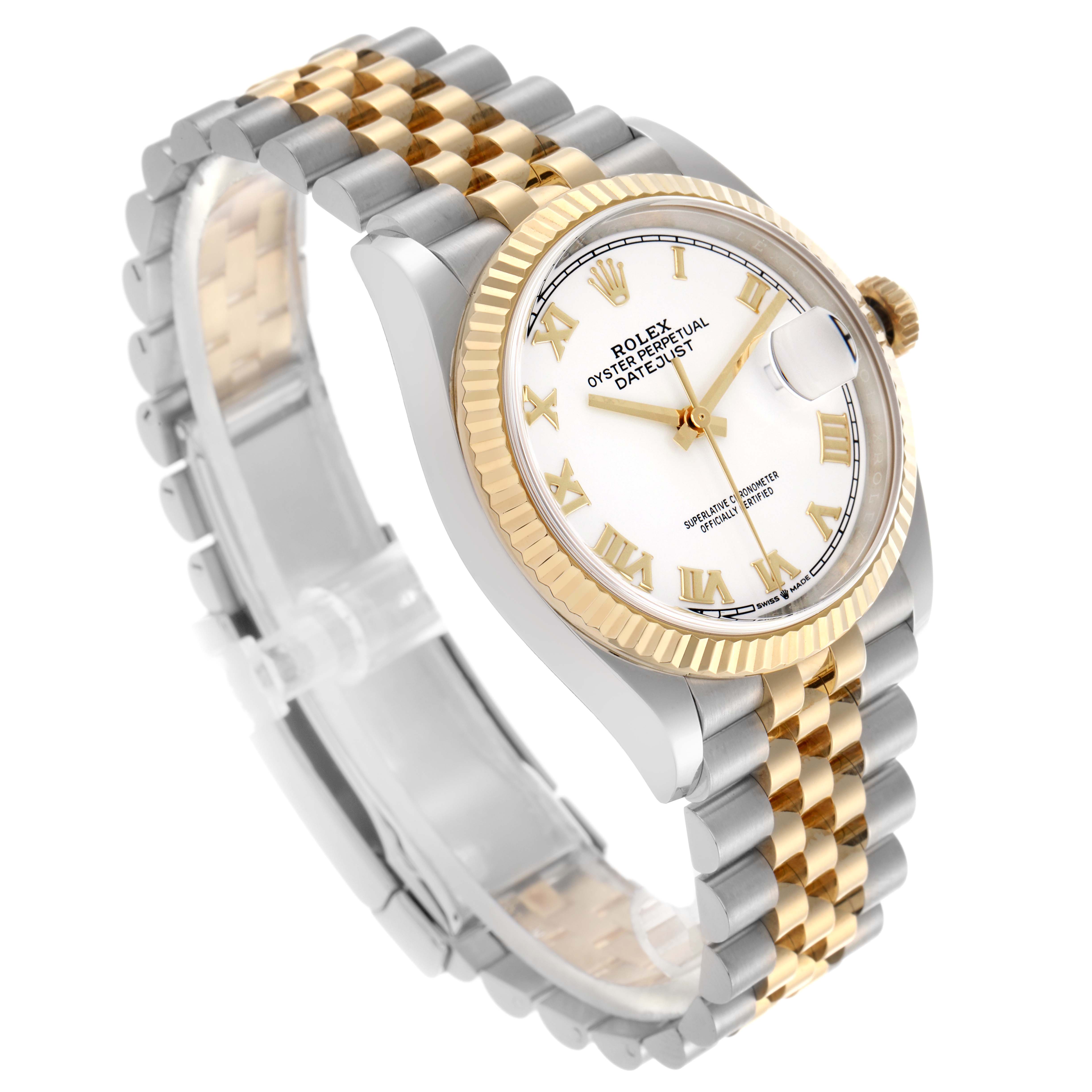 The Rolex Datejust 126233 Men's Steel and Gold (two tone) White Dial 126233 Men's Steel and Gold (two tone) White Dial is shown at a three-quarter angle, displaying the face, fluted bezel, crown, and two-tone Jubilee bracelet.