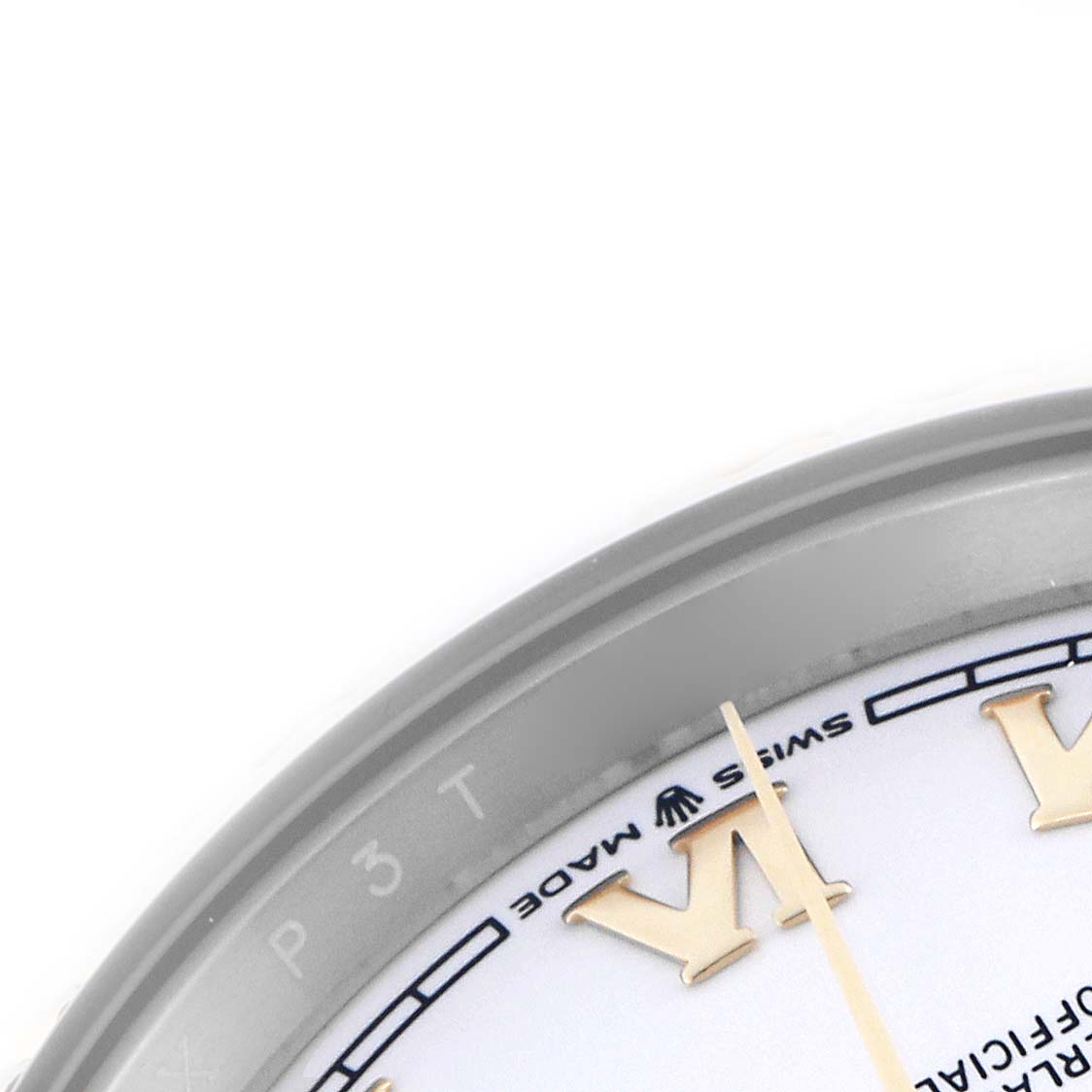 The image shows a close-up of the upper left section of a Rolex Datejust 126233 Men's Steel and Gold (two tone) White Dial 126233 Men's Steel and Gold (two tone) White Dial watch, highlighting part of the dial and bezel.