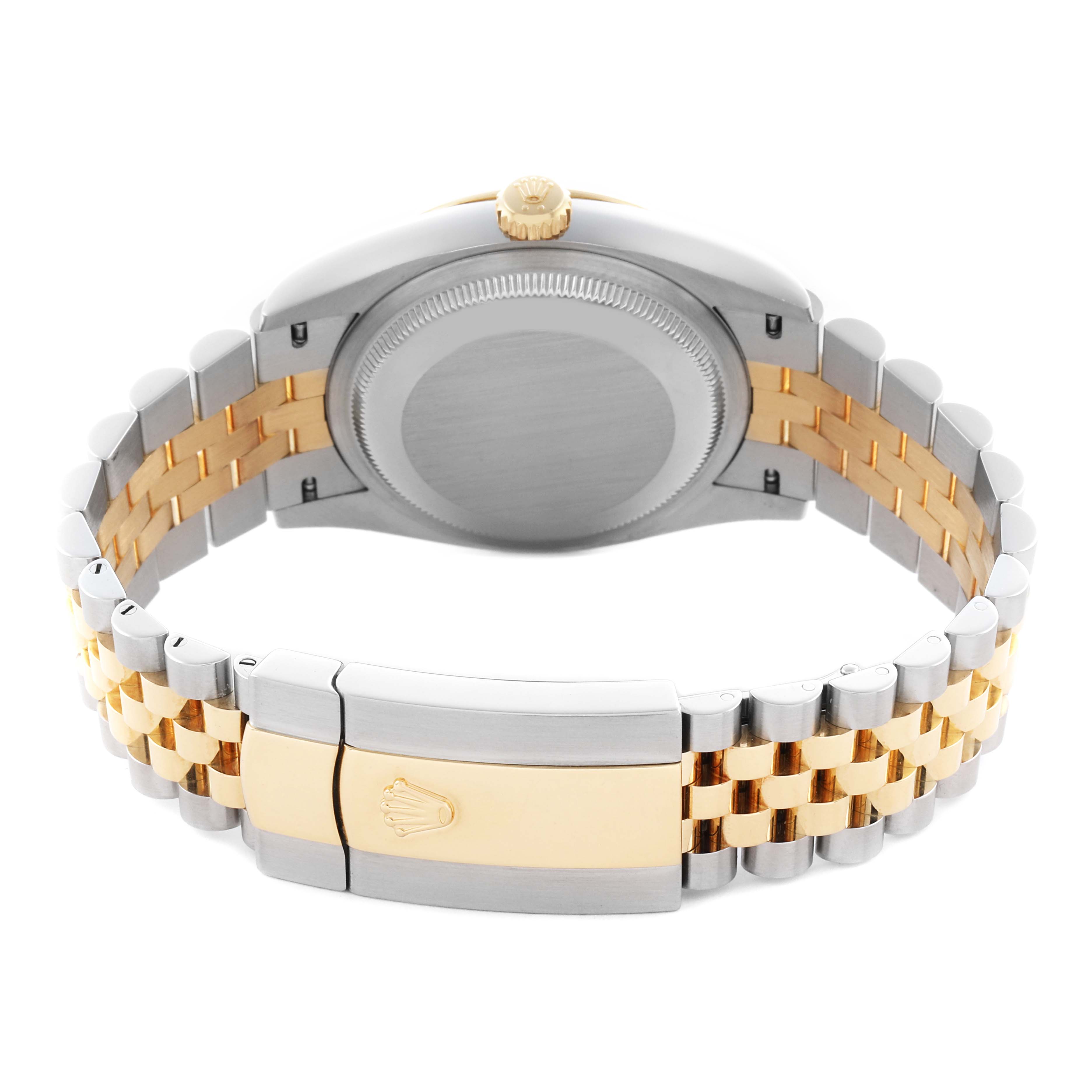 The image shows a Rolex Datejust 126233 Men's Steel and Gold (two tone) White Dial 126233 Men's Steel and Gold (two tone) White Dial watch from the back, highlighting the clasp, bracelet, and case back.
